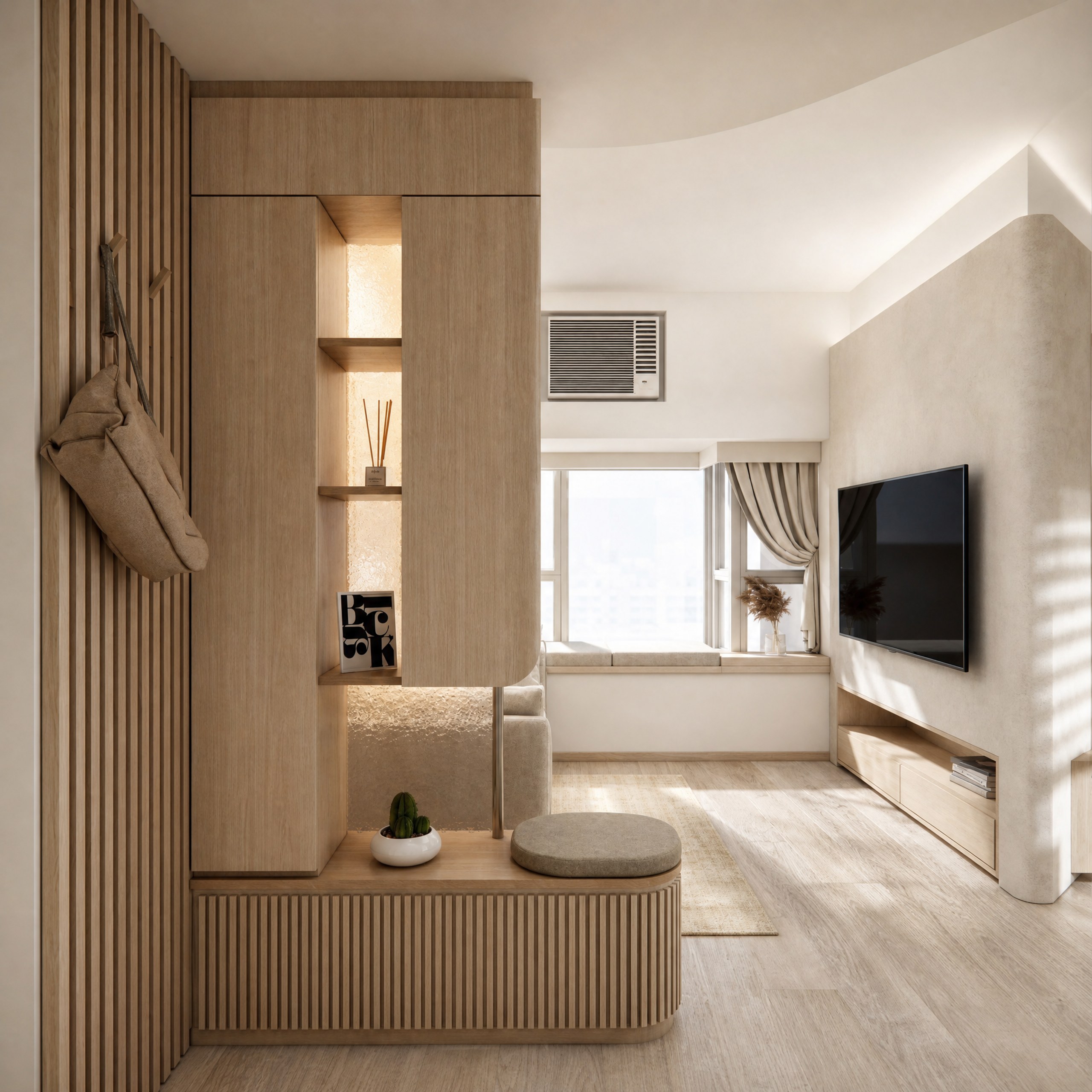 Discovery Park entrance and living area with timber-slat storage and rounded seating