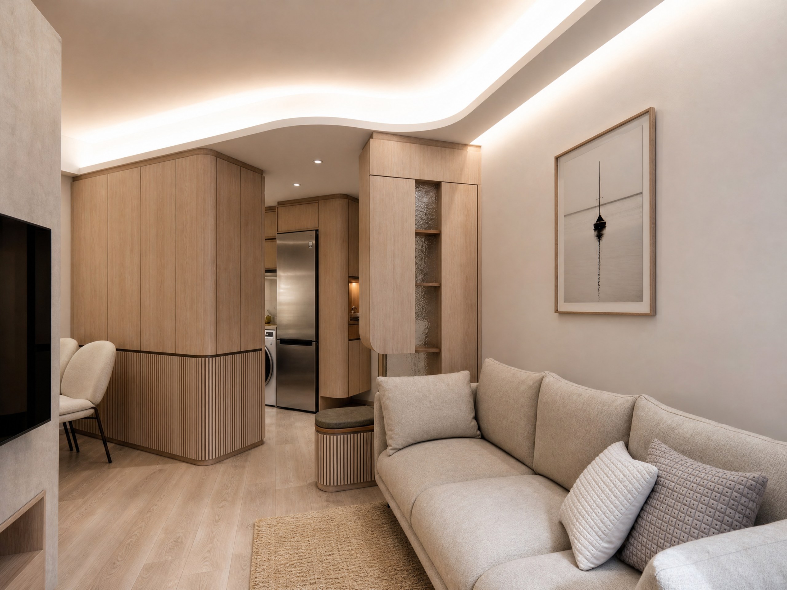 Discovery Park living room with a curved ceiling and timber display shelves