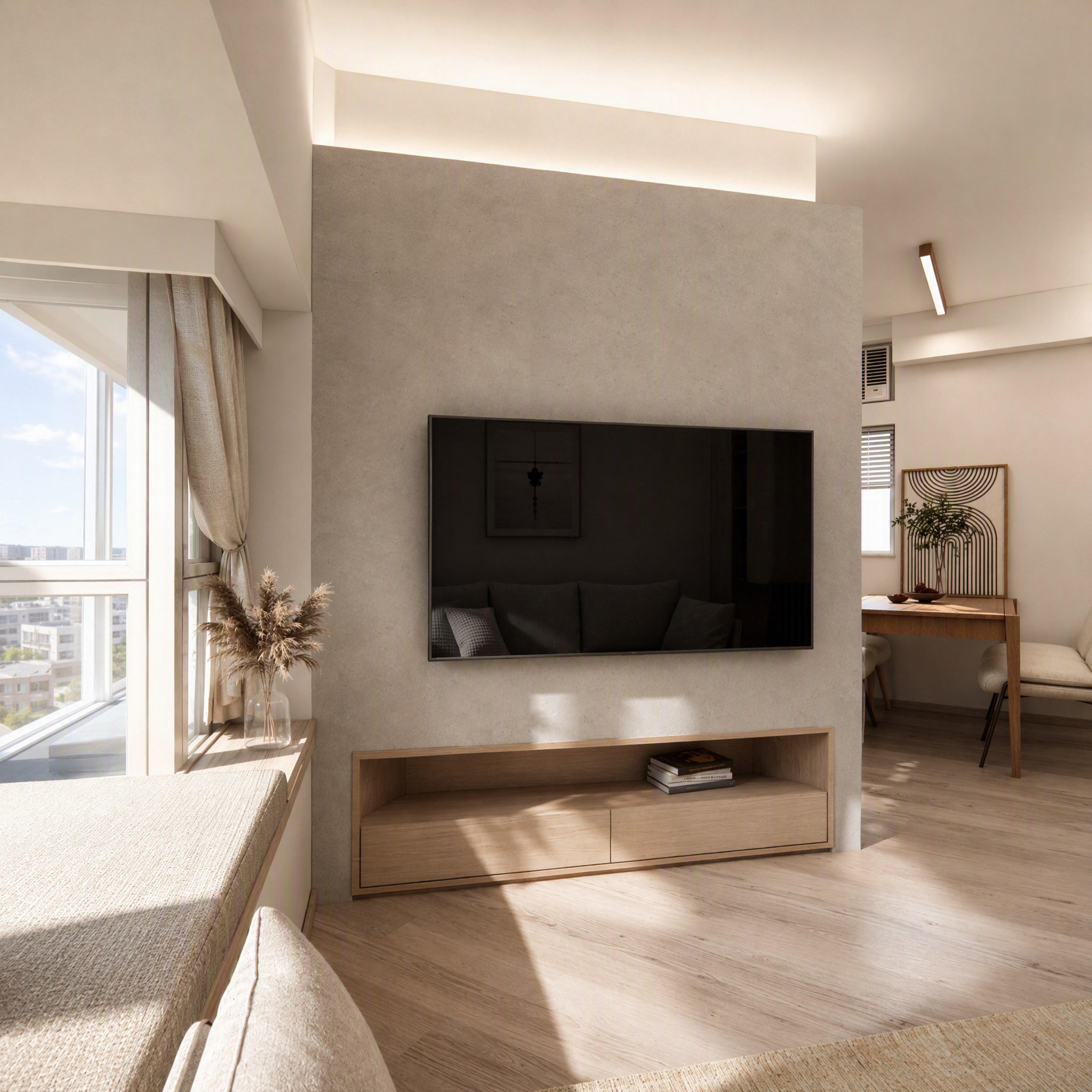 Discovery Park living room with a warm grey TV wall, window seating and light timber flooring