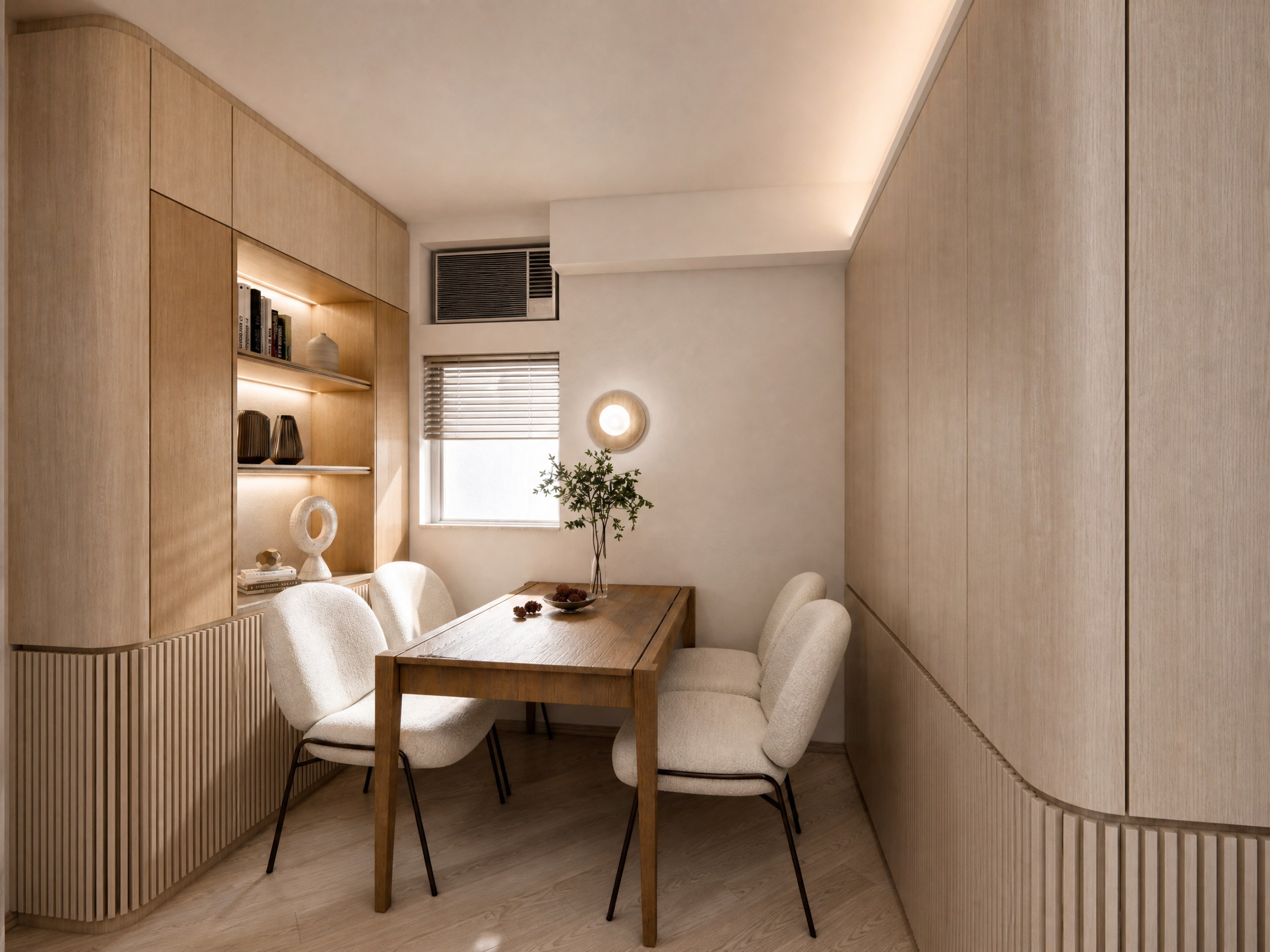 Discovery Park dining area with a timber table, display shelves and curved storage cabinets
