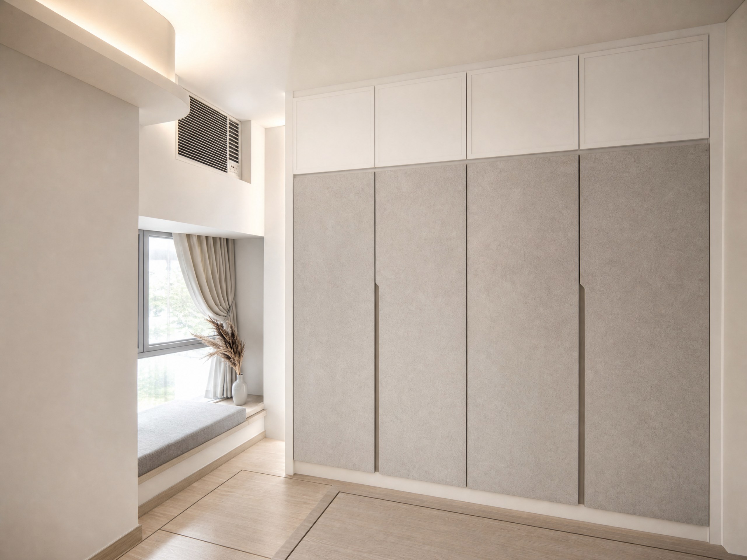 Discovery Park bedroom with grey fabric-textured wardrobe doors and window seating