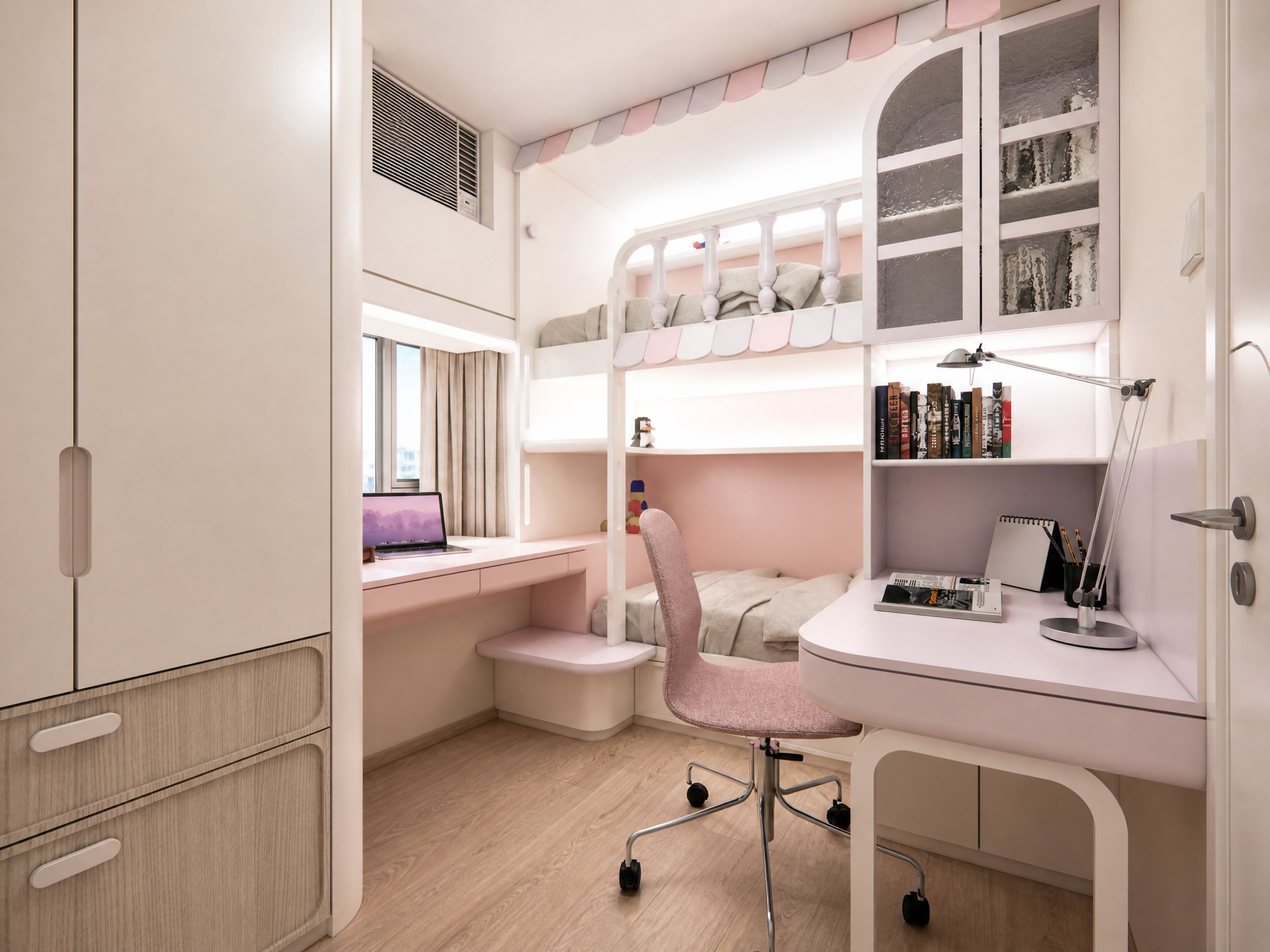 Discovery Park children's room with a raised bed, desk and pink shelving