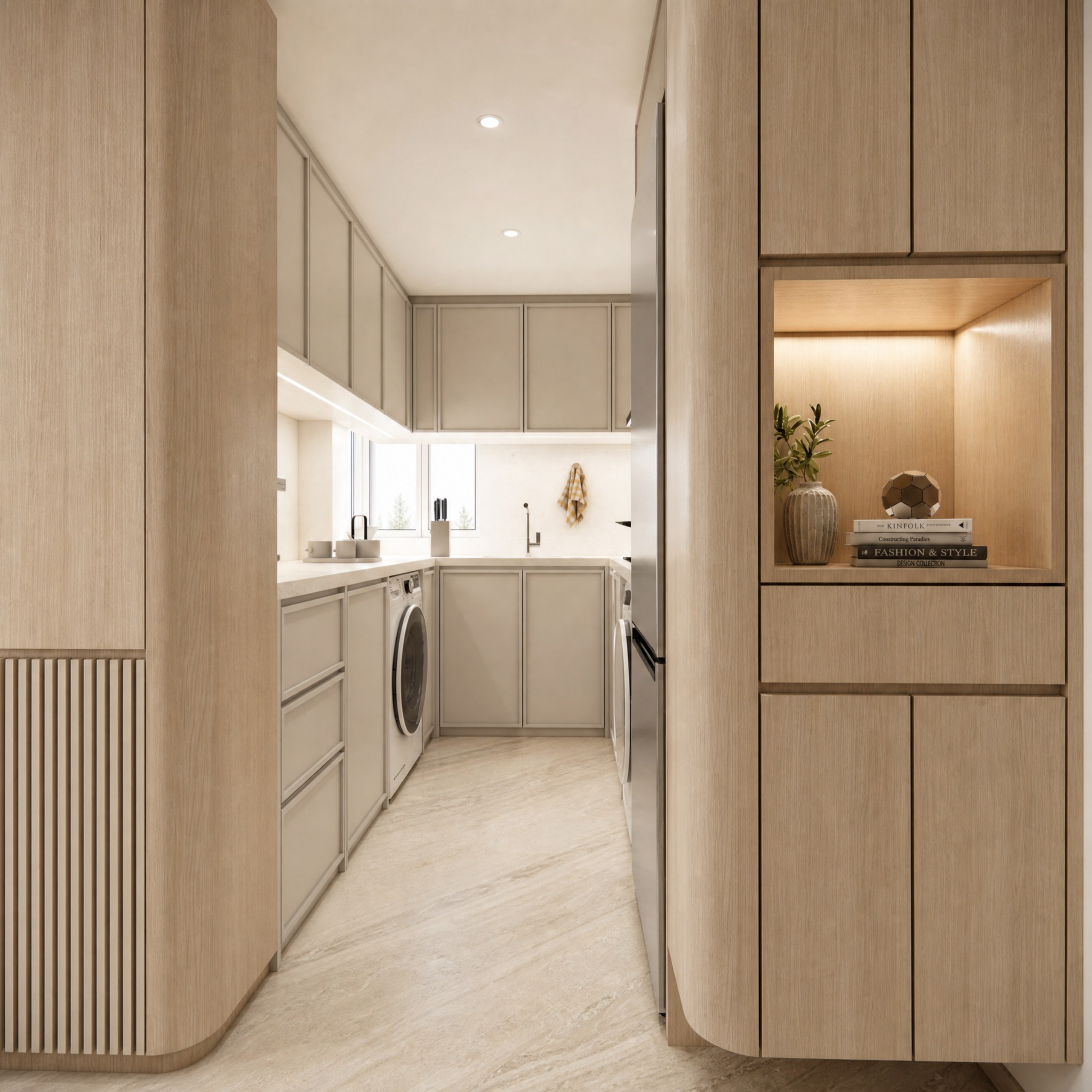 Discovery Park kitchen with tall timber-effect cabinets, display niches and washing machine space
