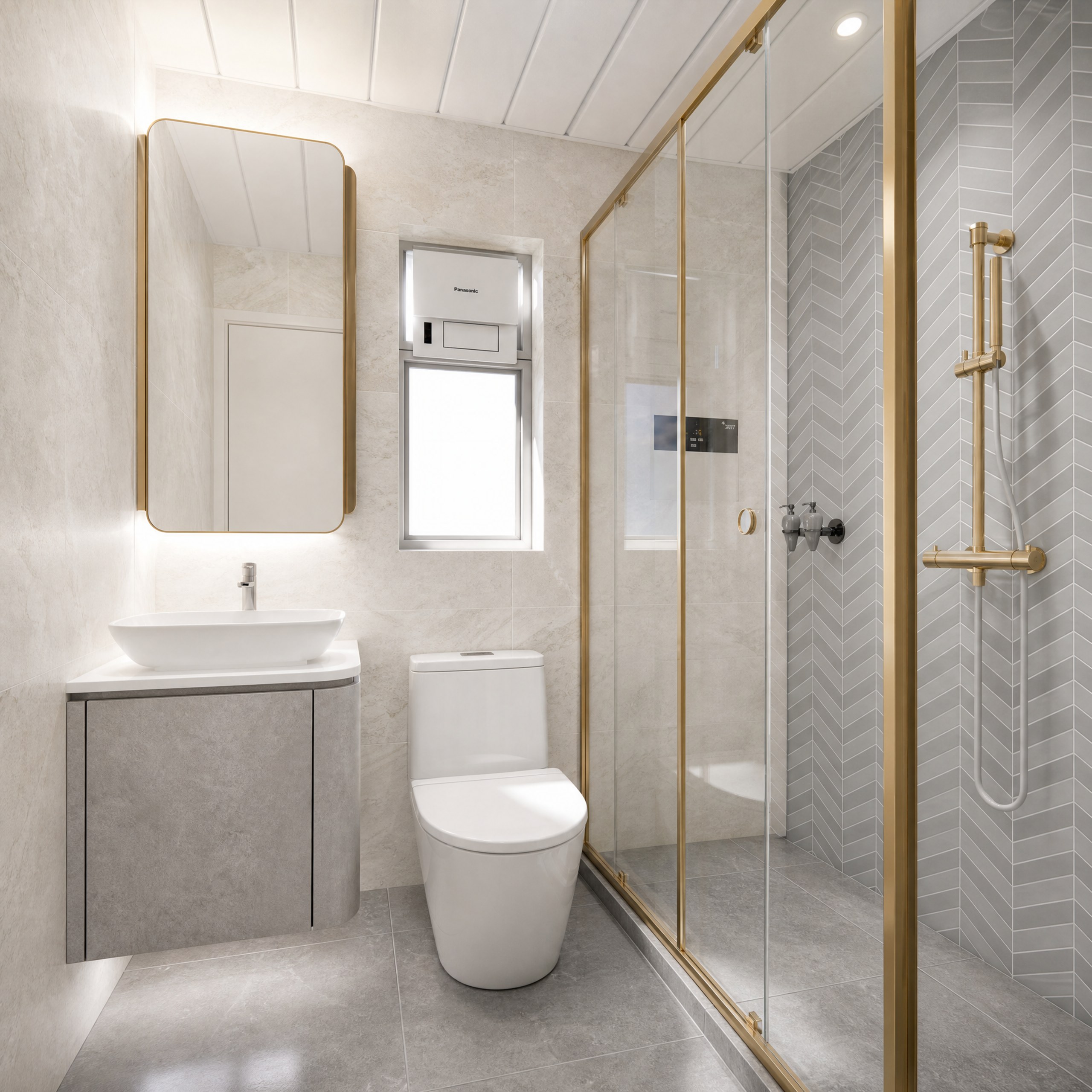 Discovery Park bathroom with a gold-framed shower screen, illuminated rounded mirror and floating vanity