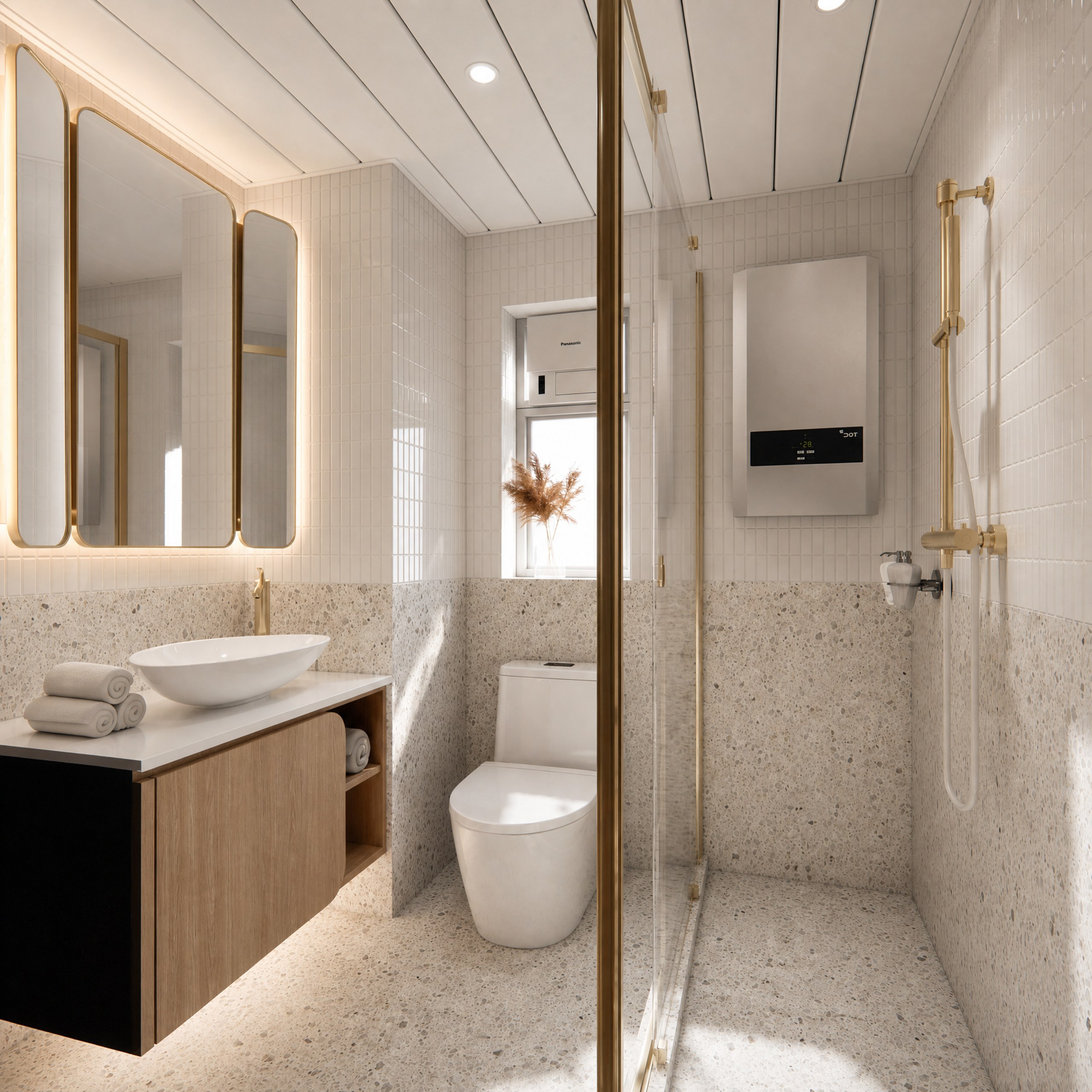 Discovery Park bathroom with terrazzo-pattern walls, gold shower fittings and a timber-effect vanity