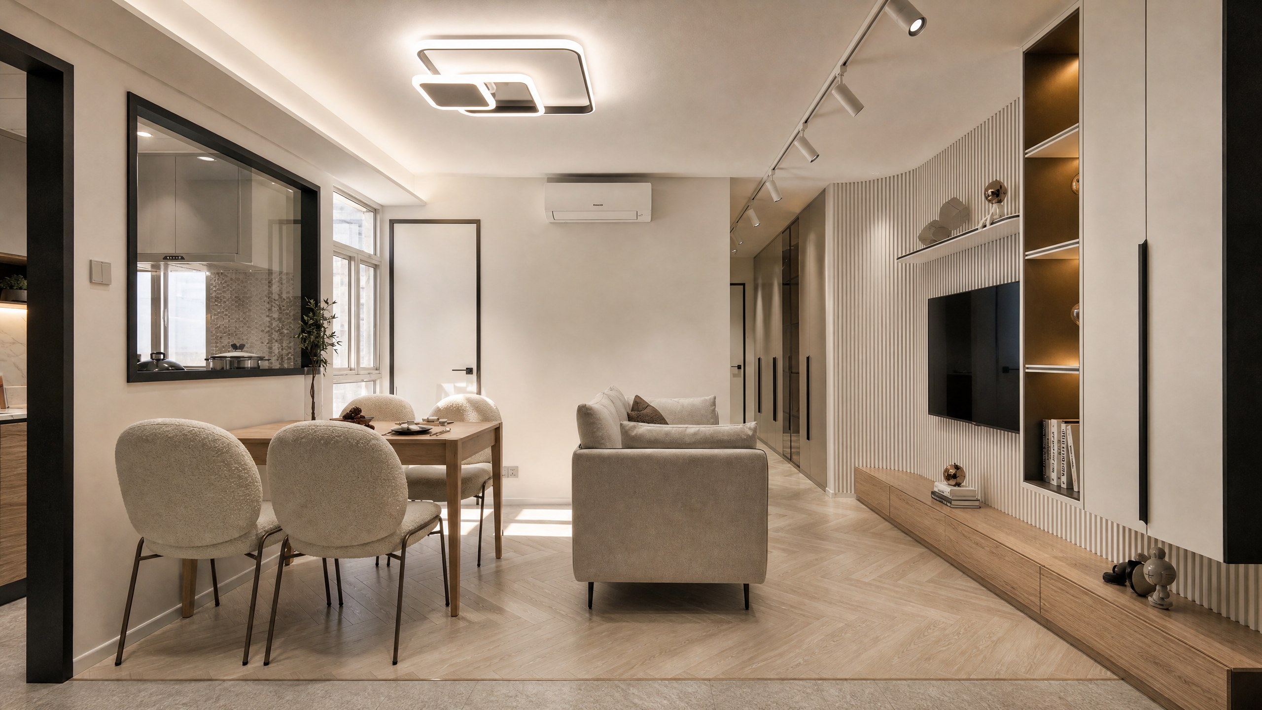 Mei Foo Sun Chuen living and dining area with a glass partition and fluted TV wall