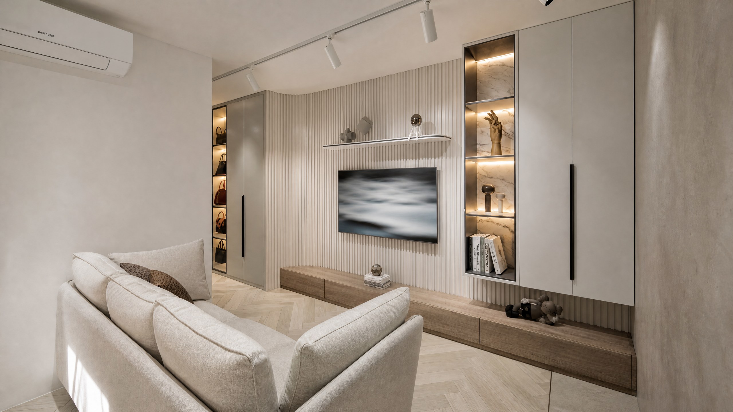 Mei Foo Sun Chuen living room with a fluted TV wall, bespoke storage and display shelves