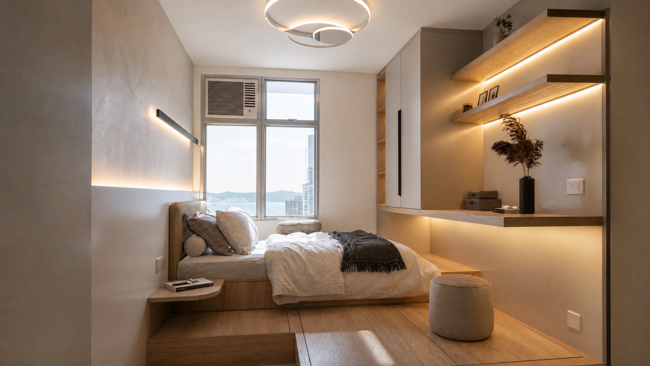 Mei Foo Sun Chuen bedroom with a platform bed, bedside storage and bespoke wardrobe
