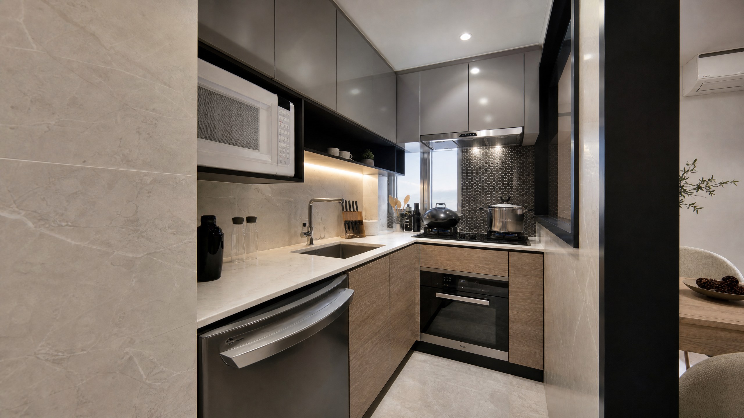 Mei Foo Sun Chuen kitchen with pale grey stone-pattern walls, timber-effect base cabinets and dark wall cabinets