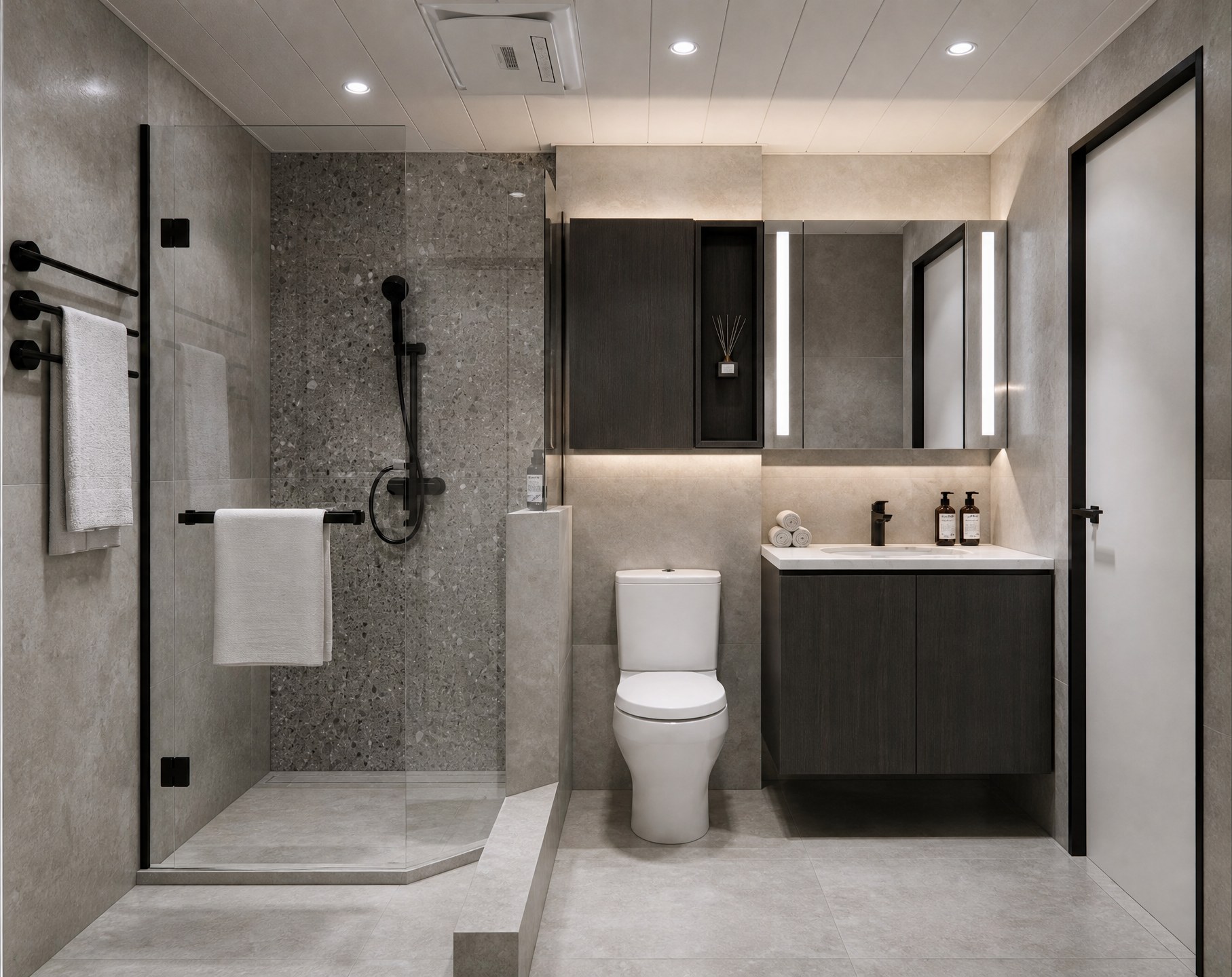 Mei Foo Sun Chuen bathroom with terrazzo-pattern shower walls, a black door frame and floating vanity
