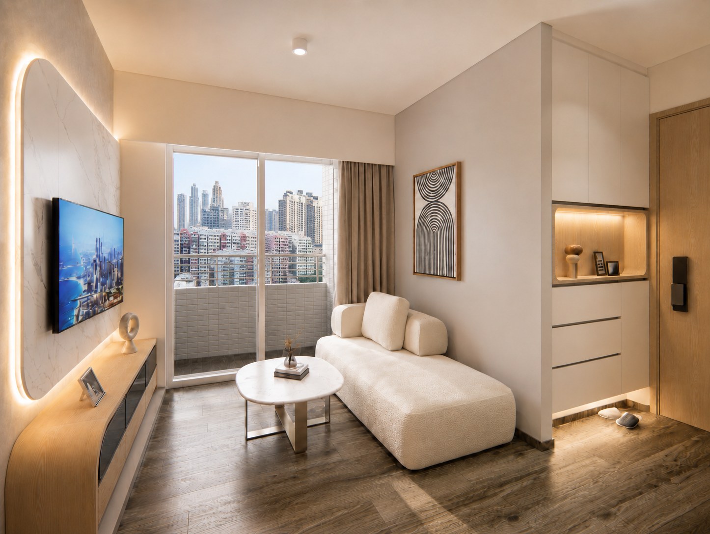Metro Harbour View living room with an illuminated curved TV wall and low media cabinet