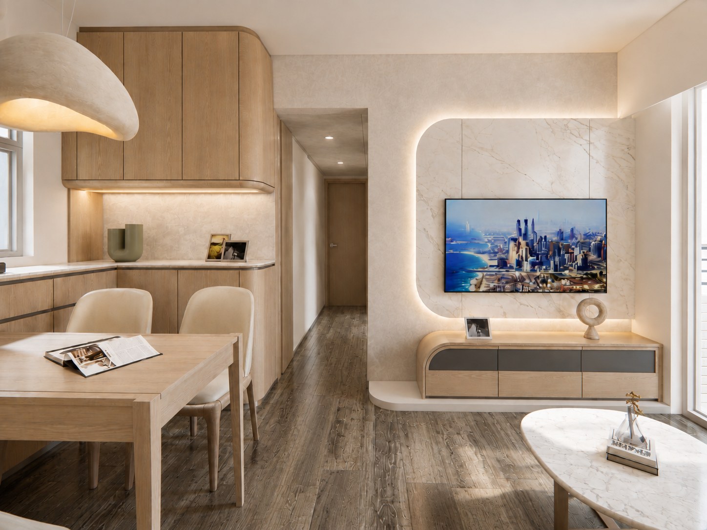 Metro Harbour View living and dining area with tall light timber cabinets, a rounded TV wall and bespoke sideboard