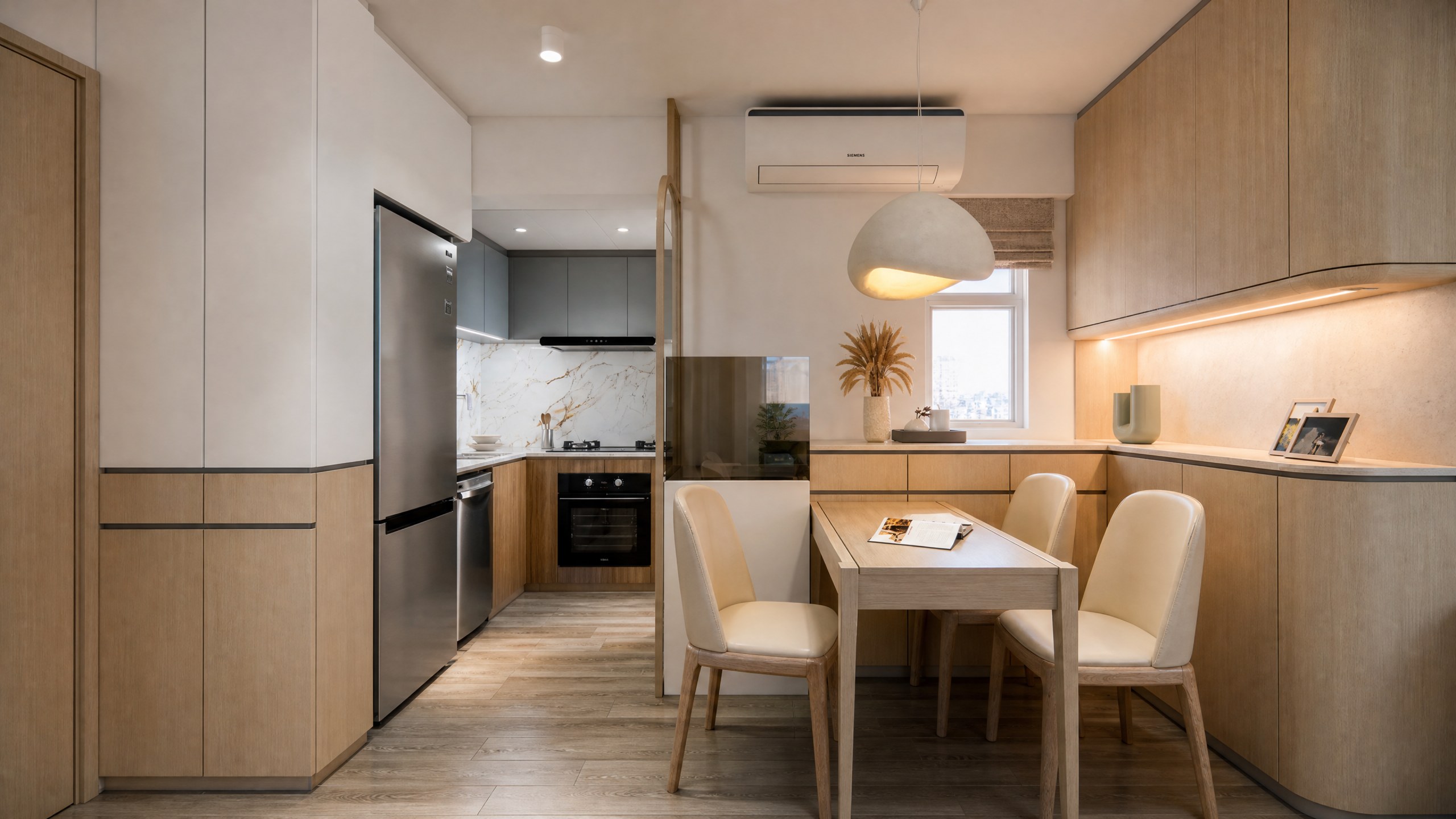 Metro Harbour View dining area and open kitchen with a light timber sideboard, bespoke cabinetry and dining table