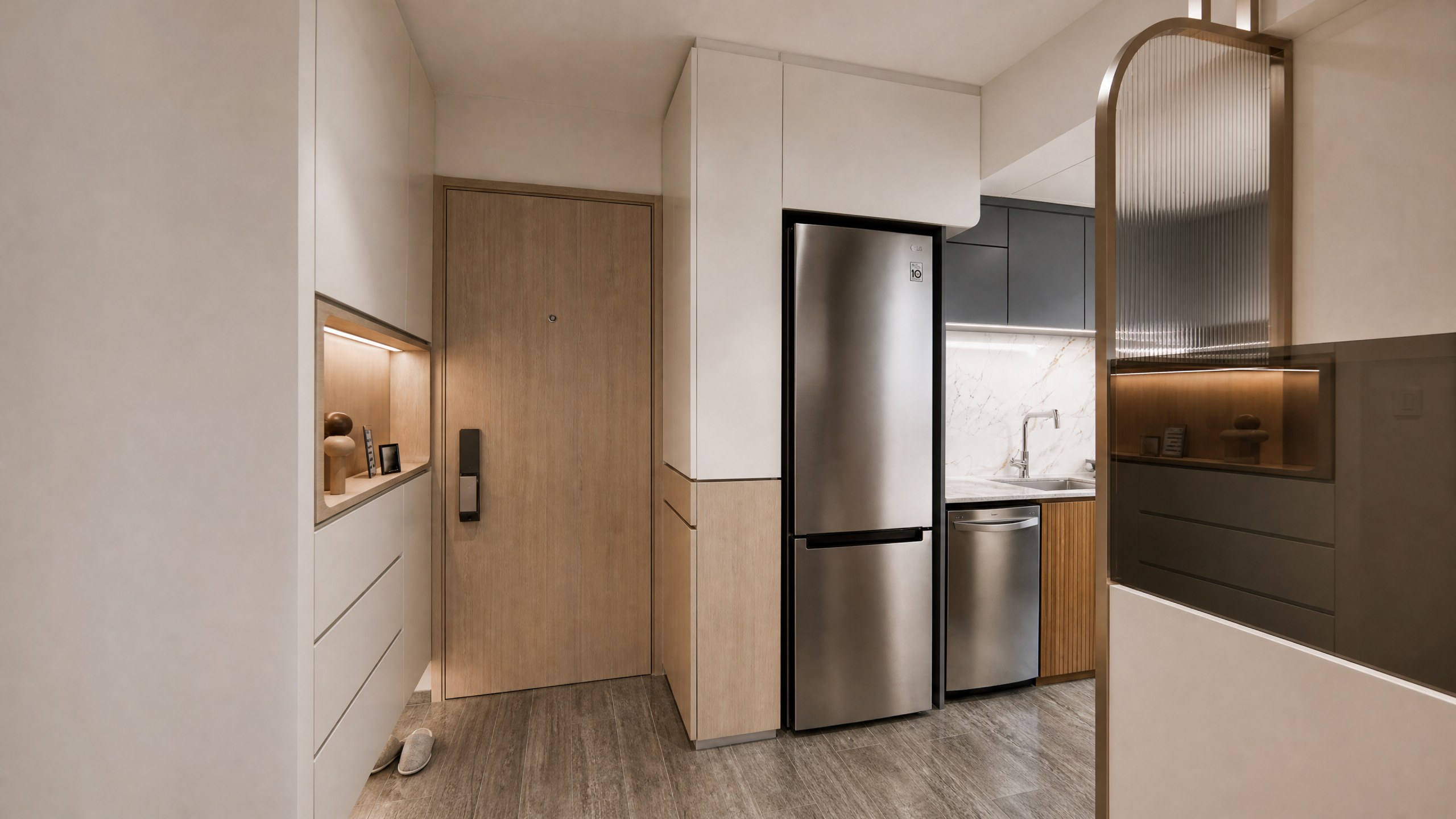 Metro Harbour View entrance and kitchen doorway with tall storage and translucent fluted glass