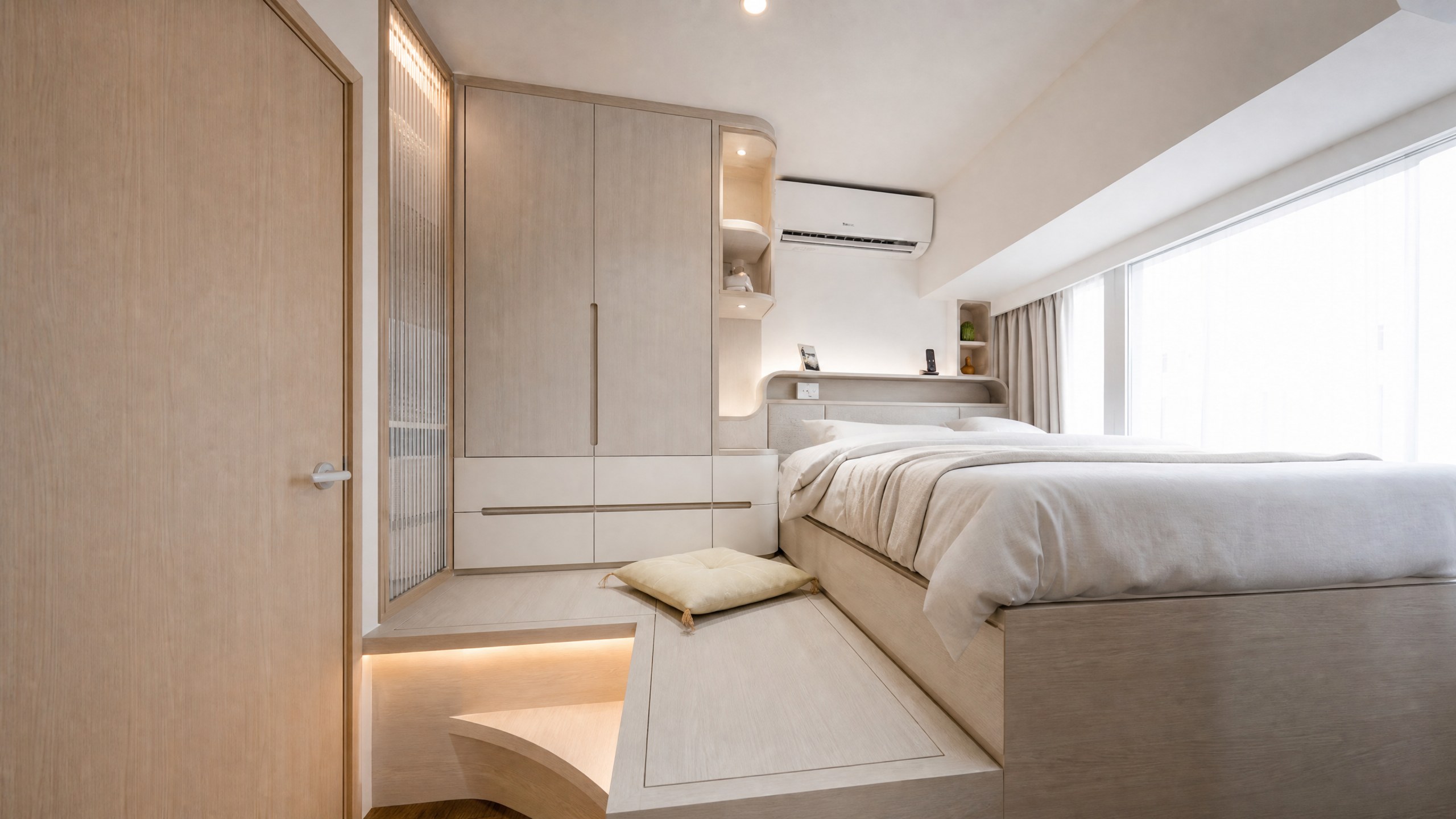 Metro Harbour View bedroom with a bespoke platform bed, curved headboard shelves and light timber wardrobe