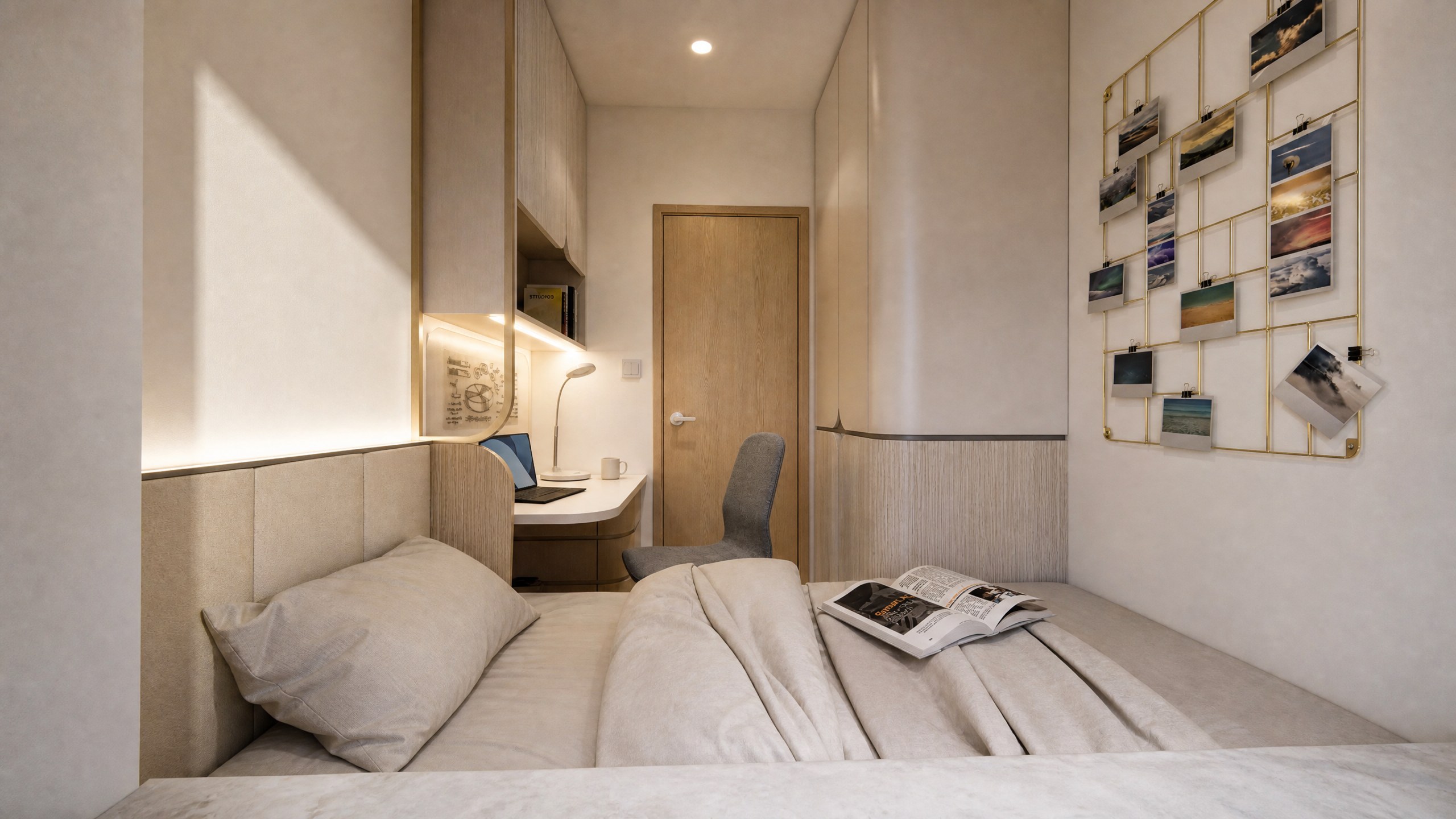 Metro Harbour View bedroom with an upholstered headboard, desk and photo display wall
