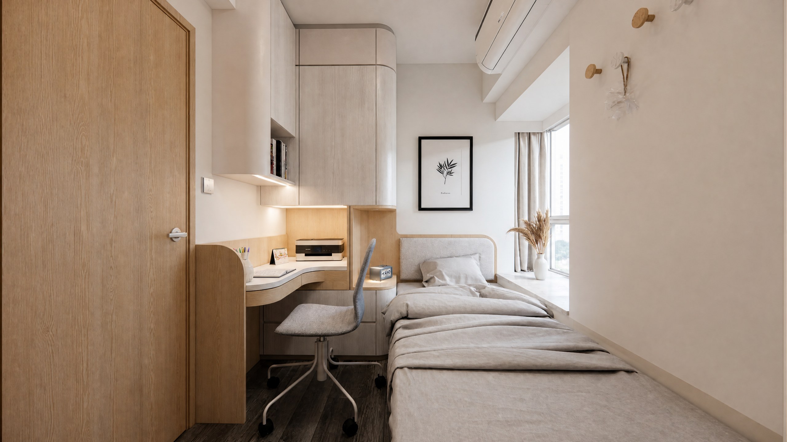 Metro Harbour View bedroom with a single bed by the window, desk and bespoke wall cabinets