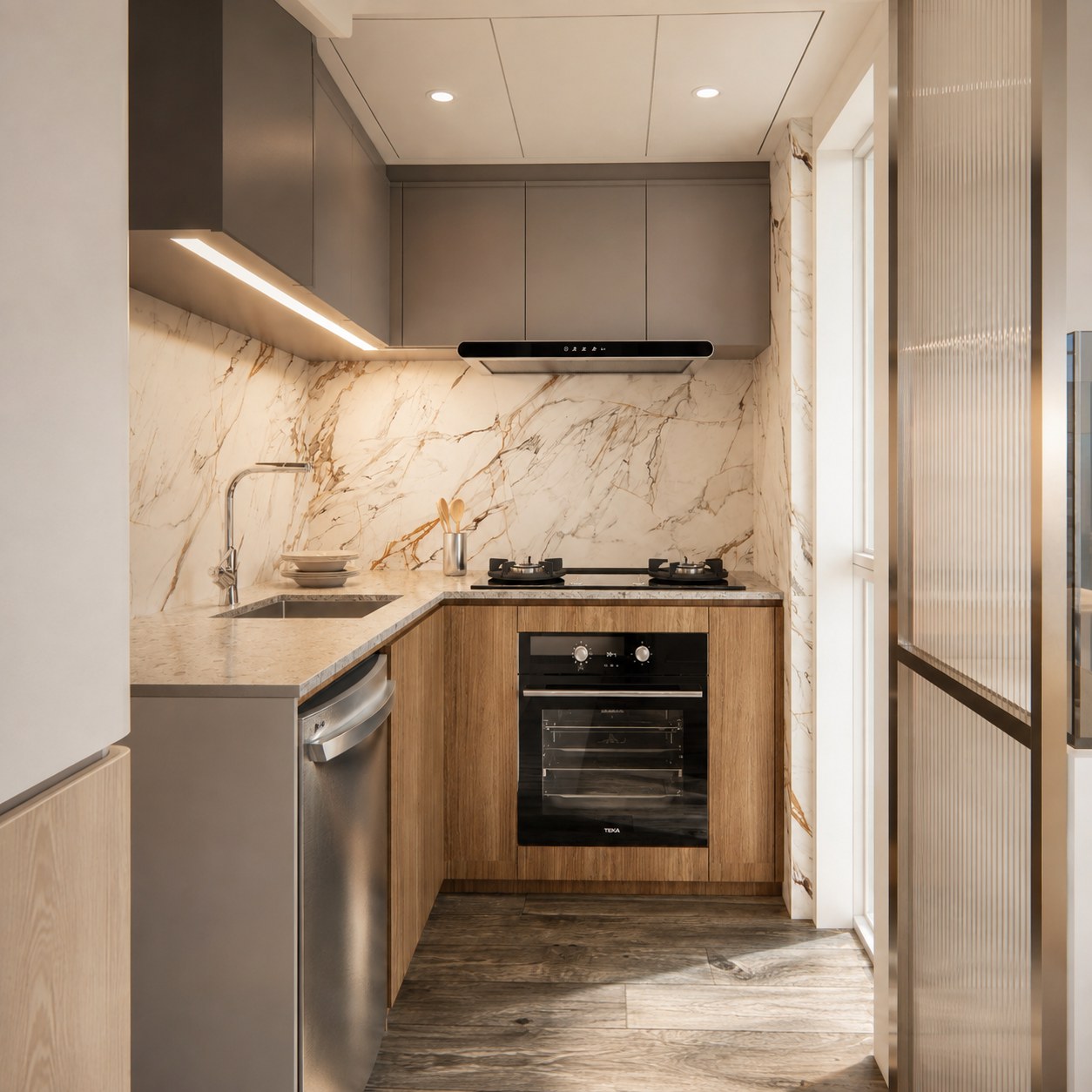 Metro Harbour View kitchen with a stone-pattern splashback, timber-effect base cabinets and grey wall cabinets