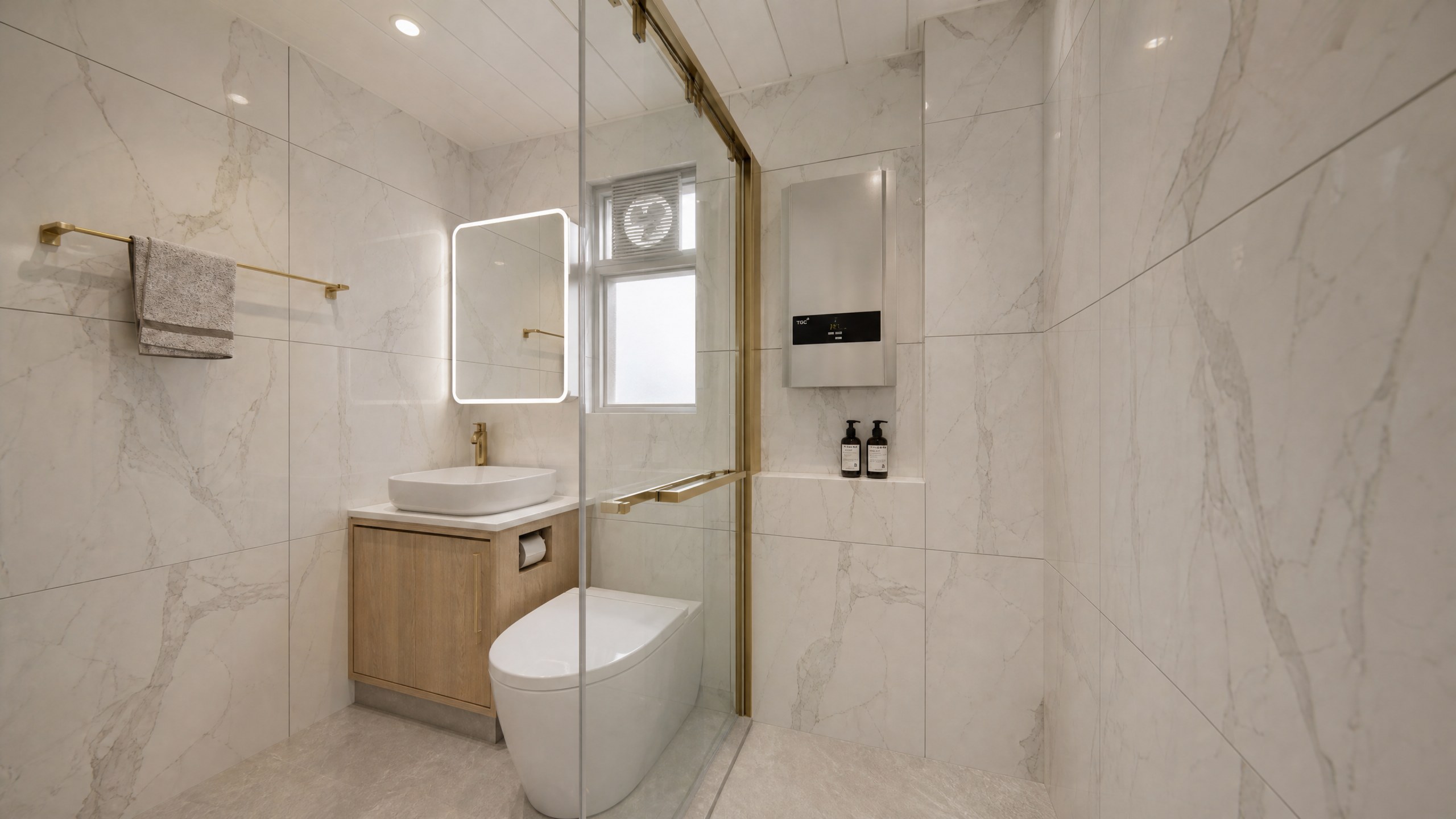 Metro Harbour View bathroom with stone-pattern walls, a gold-framed shower screen and lit rounded mirror