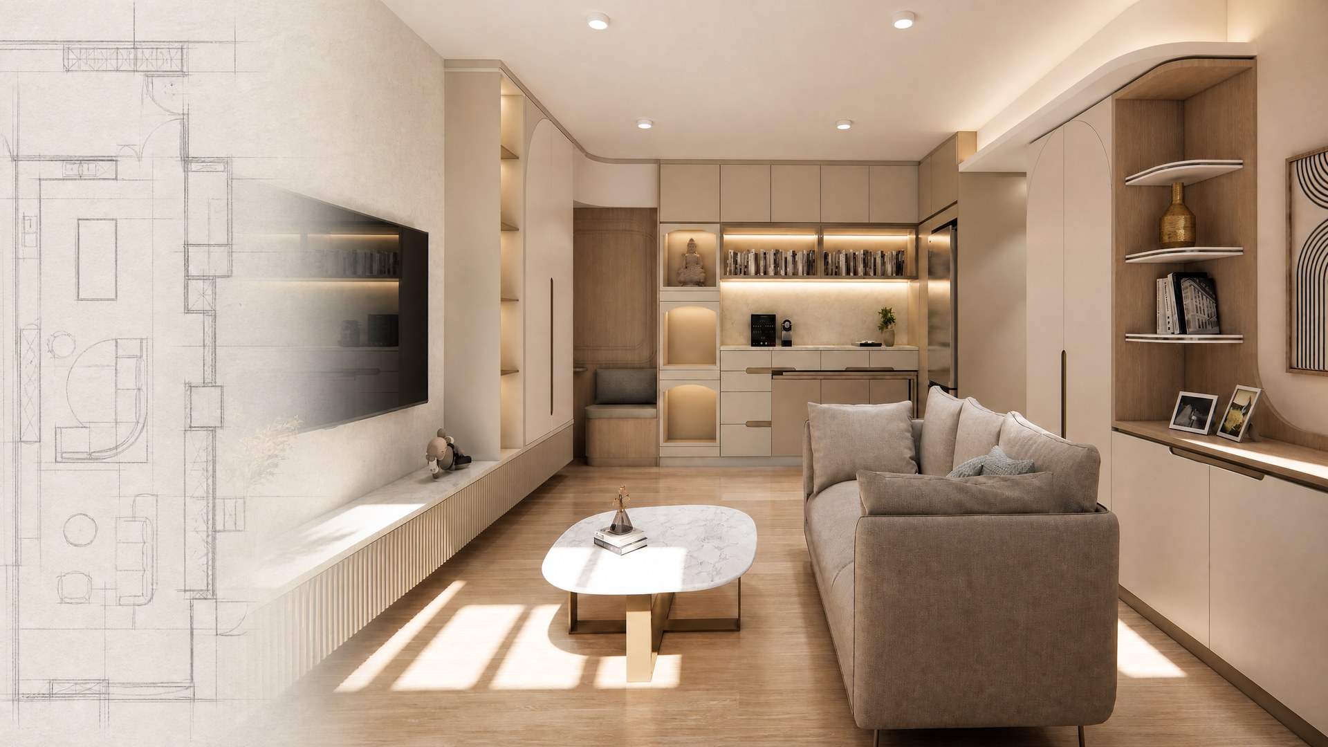 Yan Shing Court living room design combined with a floor-plan drawing