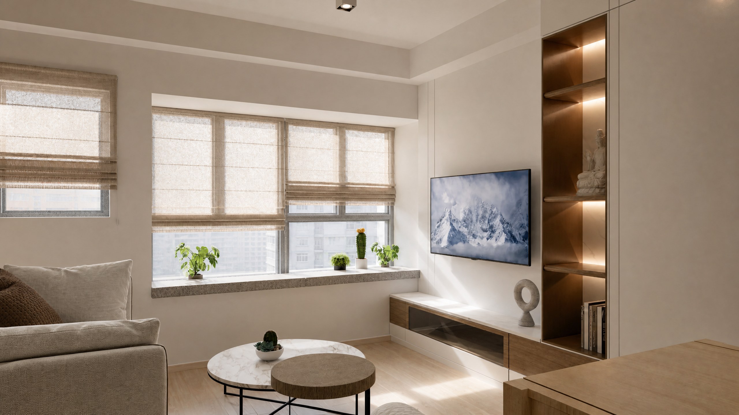 Serenity Park living room with window seating and timber display shelves
