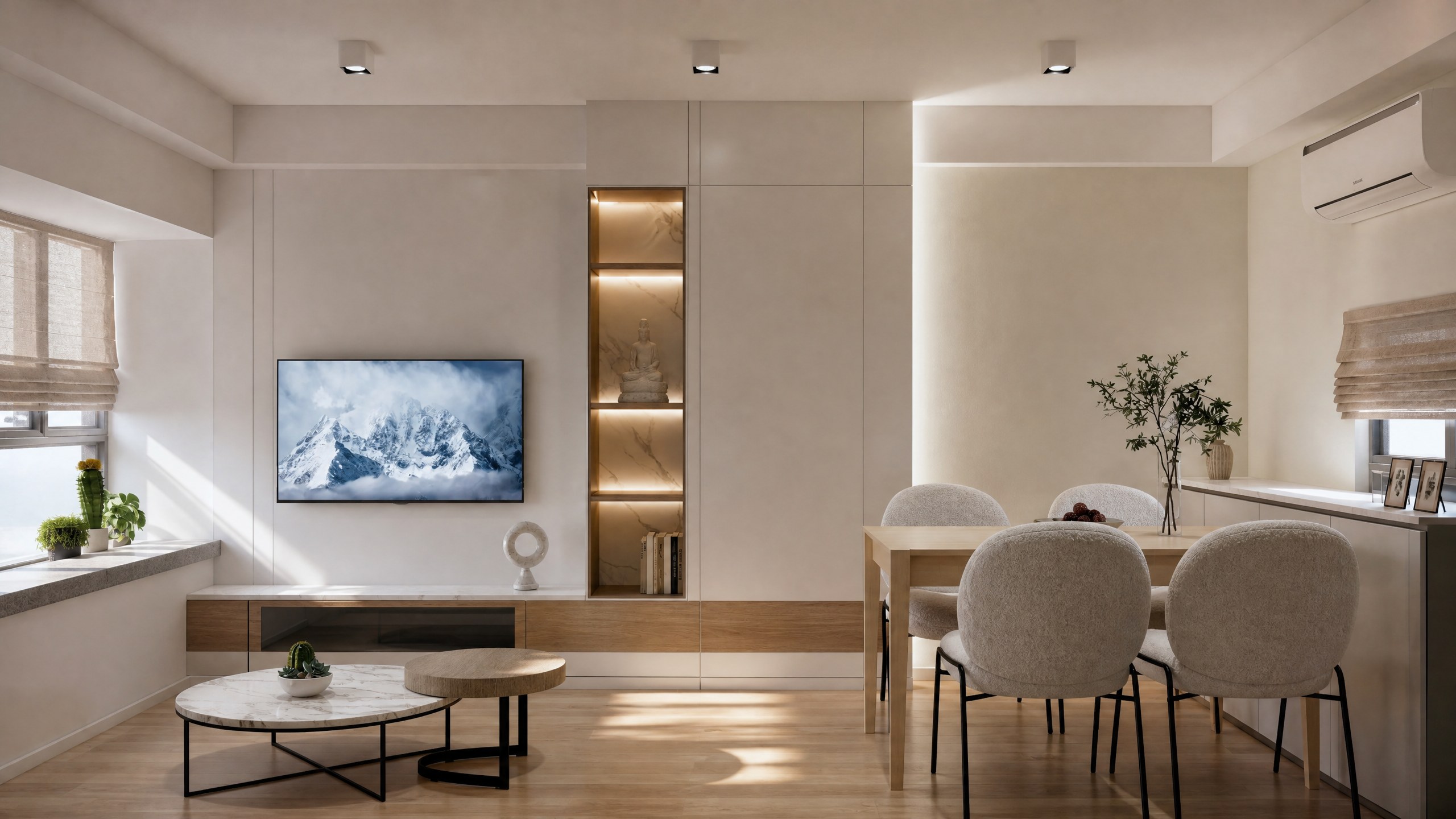 Serenity Park living and dining areas with a TV wall, round coffee table and light timber dining space