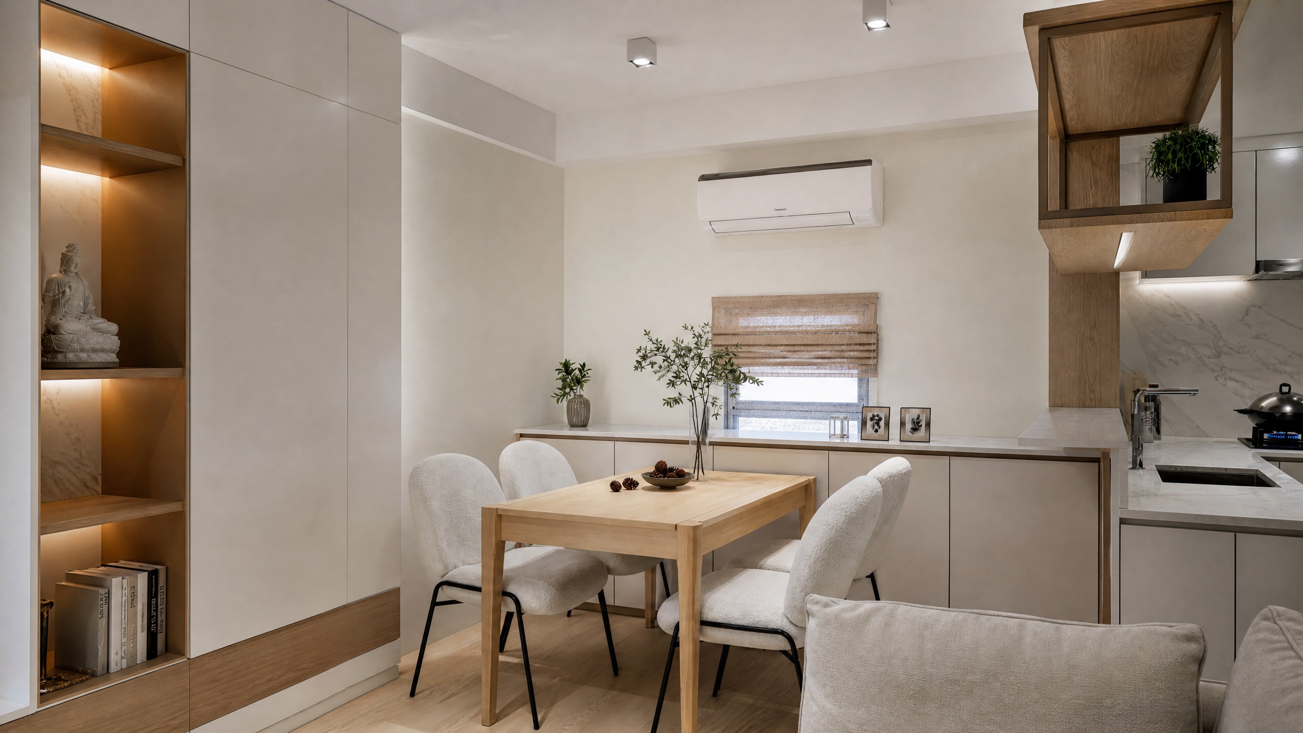 Serenity Park living area and open kitchen with a light timber dining table and bespoke kitchen cabinets