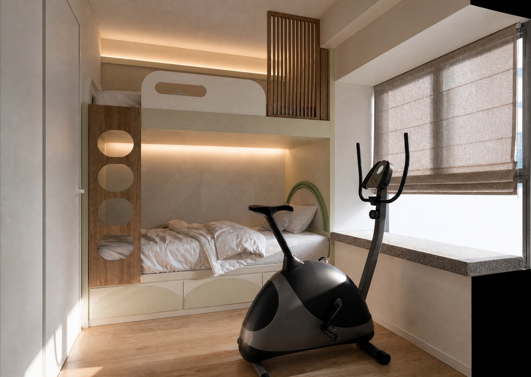 Serenity Park bedroom with a raised bed, timber ladder with circular openings, window ledge and Roman blind