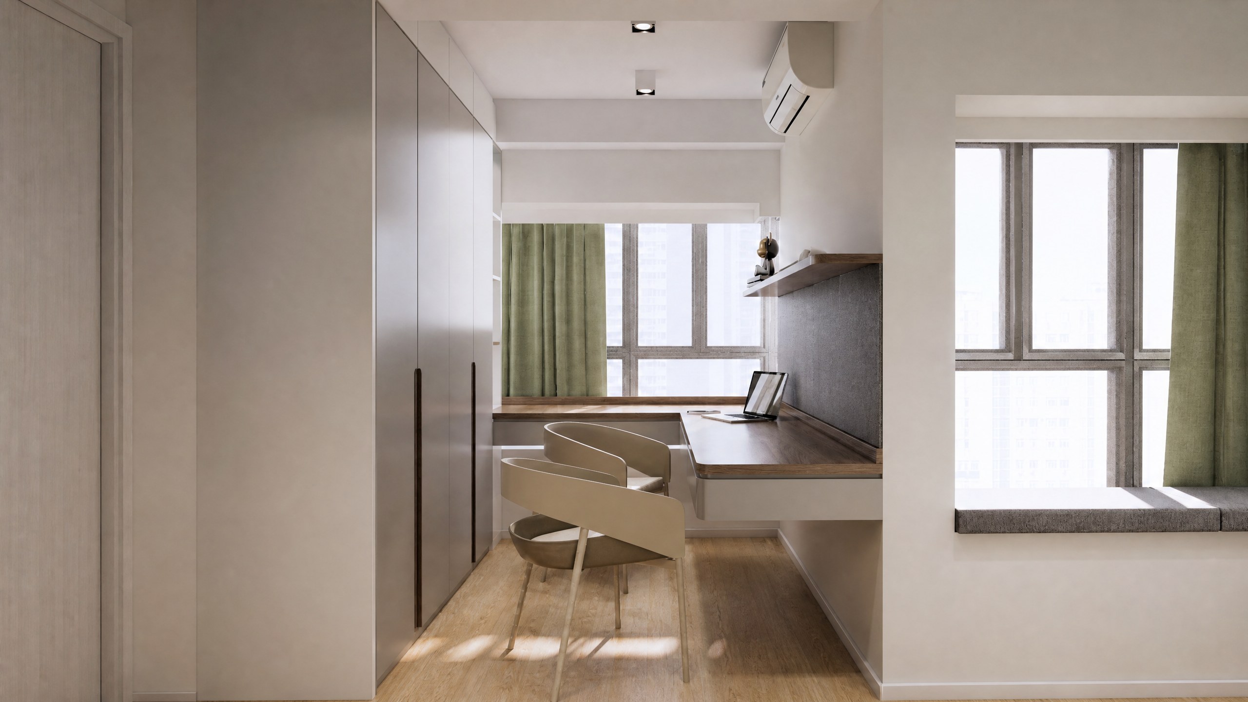 Serenity Park study with a desk by the window, fitted wardrobe and green curtains