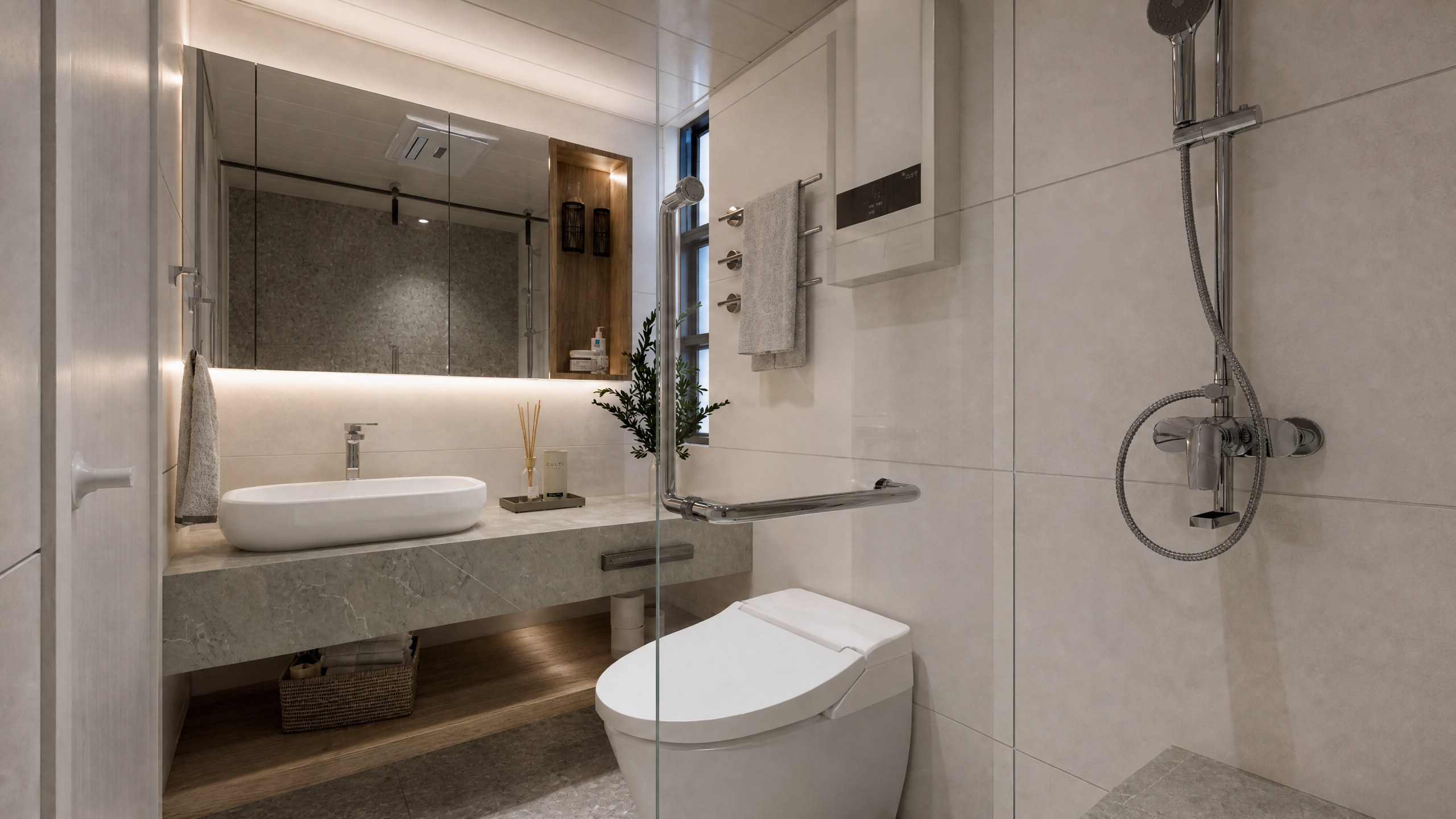 Serenity Park bathroom with a stone-pattern vanity, illuminated mirror cabinet and glass shower enclosure