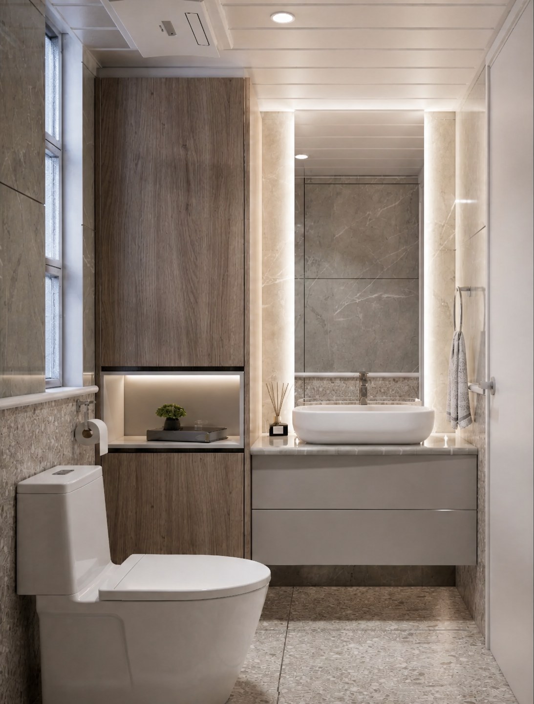 Serenity Park bathroom with tall timber-effect cabinets, a lit mirror and floating vanity