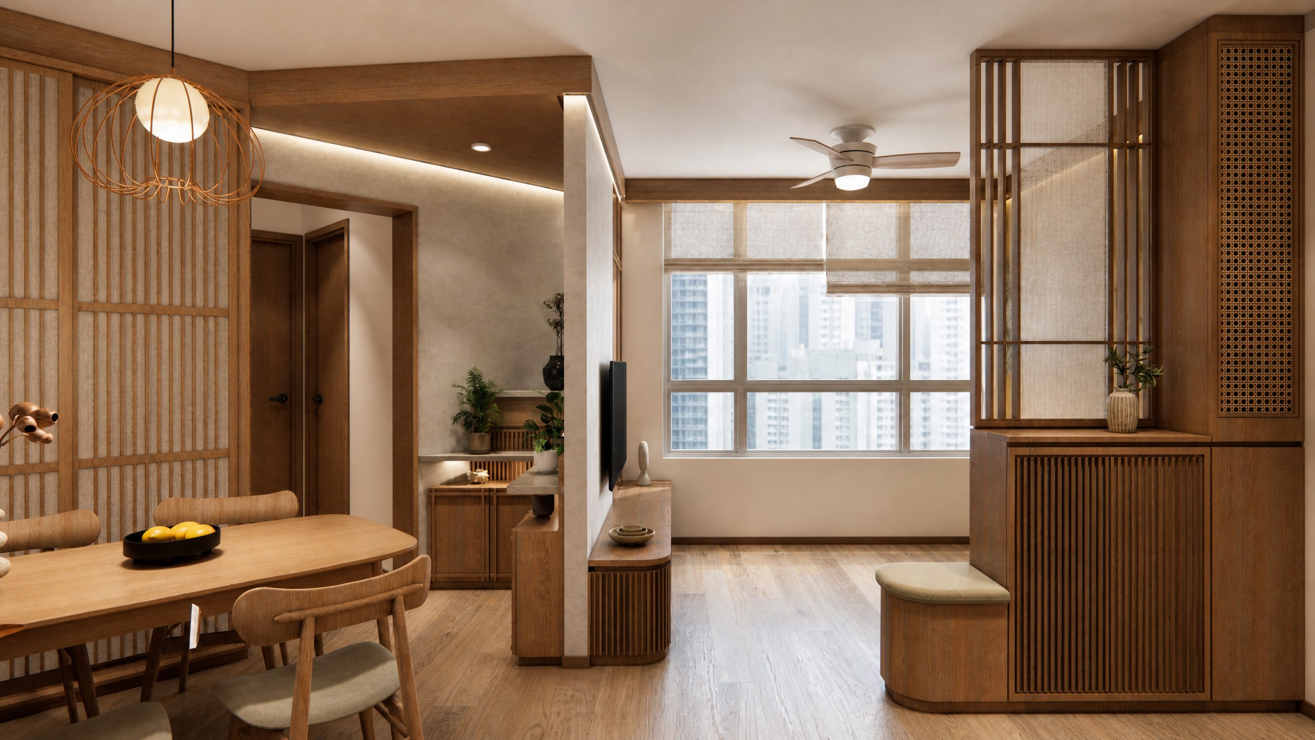 South Horizons living and dining area with a timber table and slatted partition
