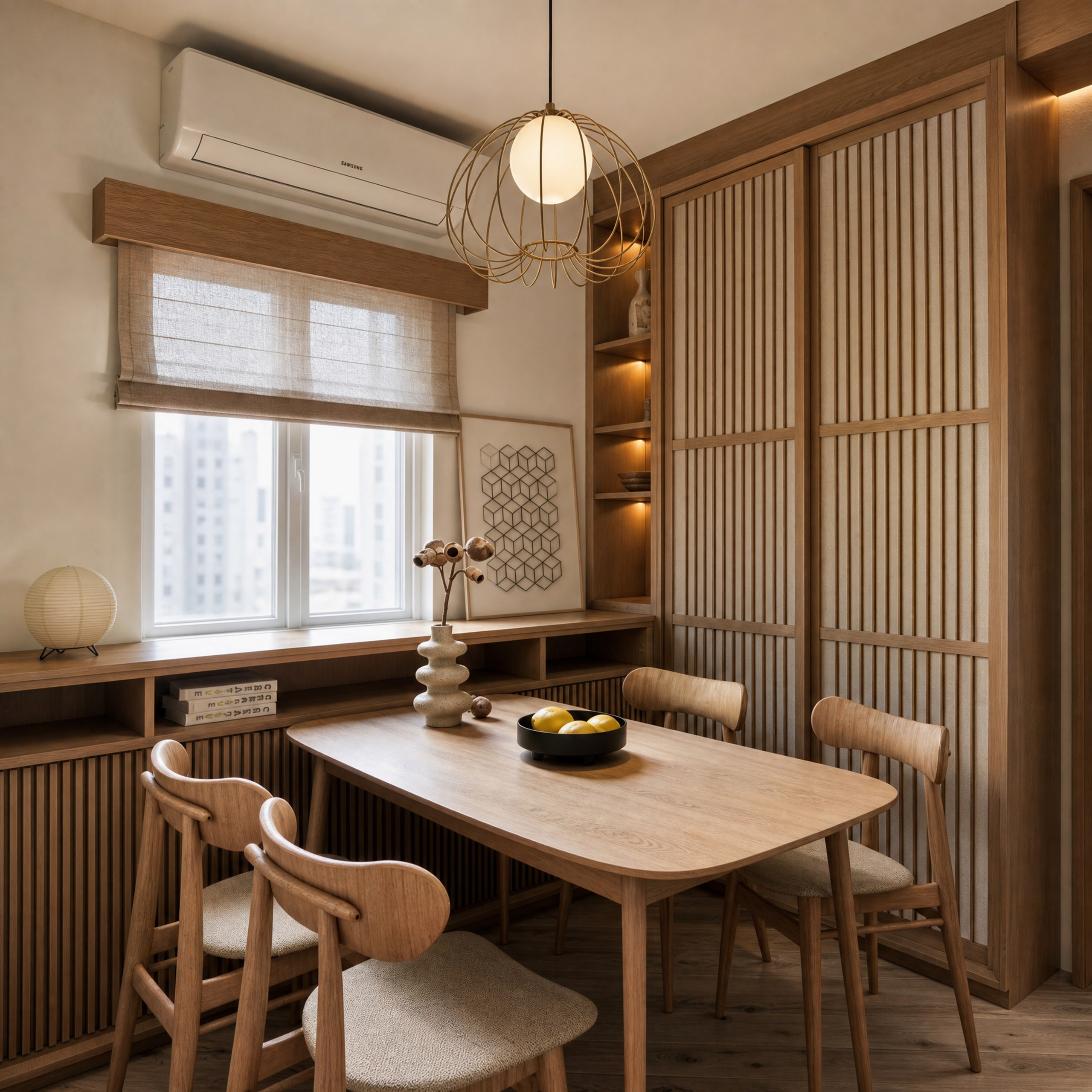 South Horizons dining area with a timber table, warm-lit display shelves and window-side counter