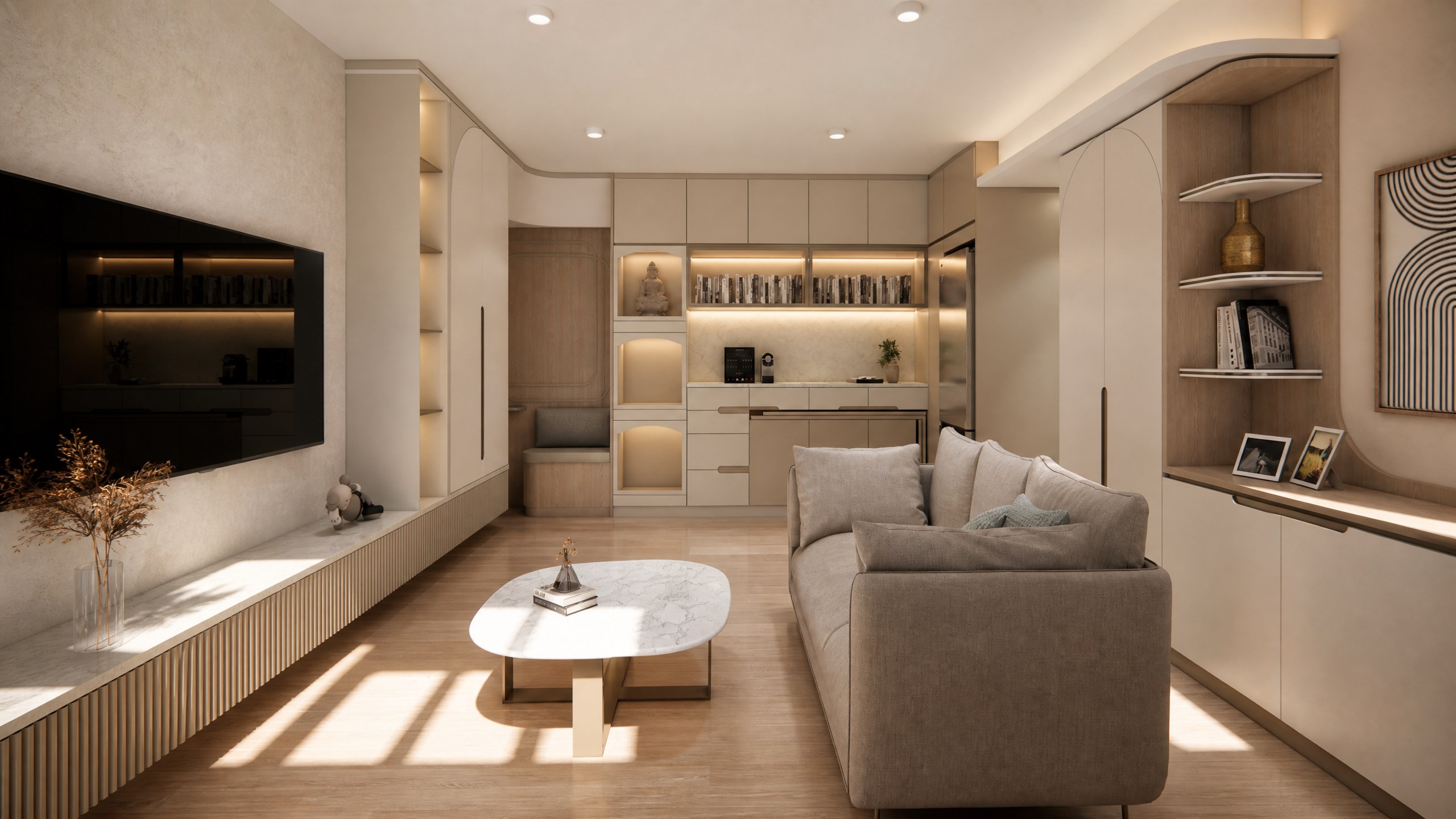 Yan Shing Court living room with warm white display cabinets, bespoke storage and an open kitchen