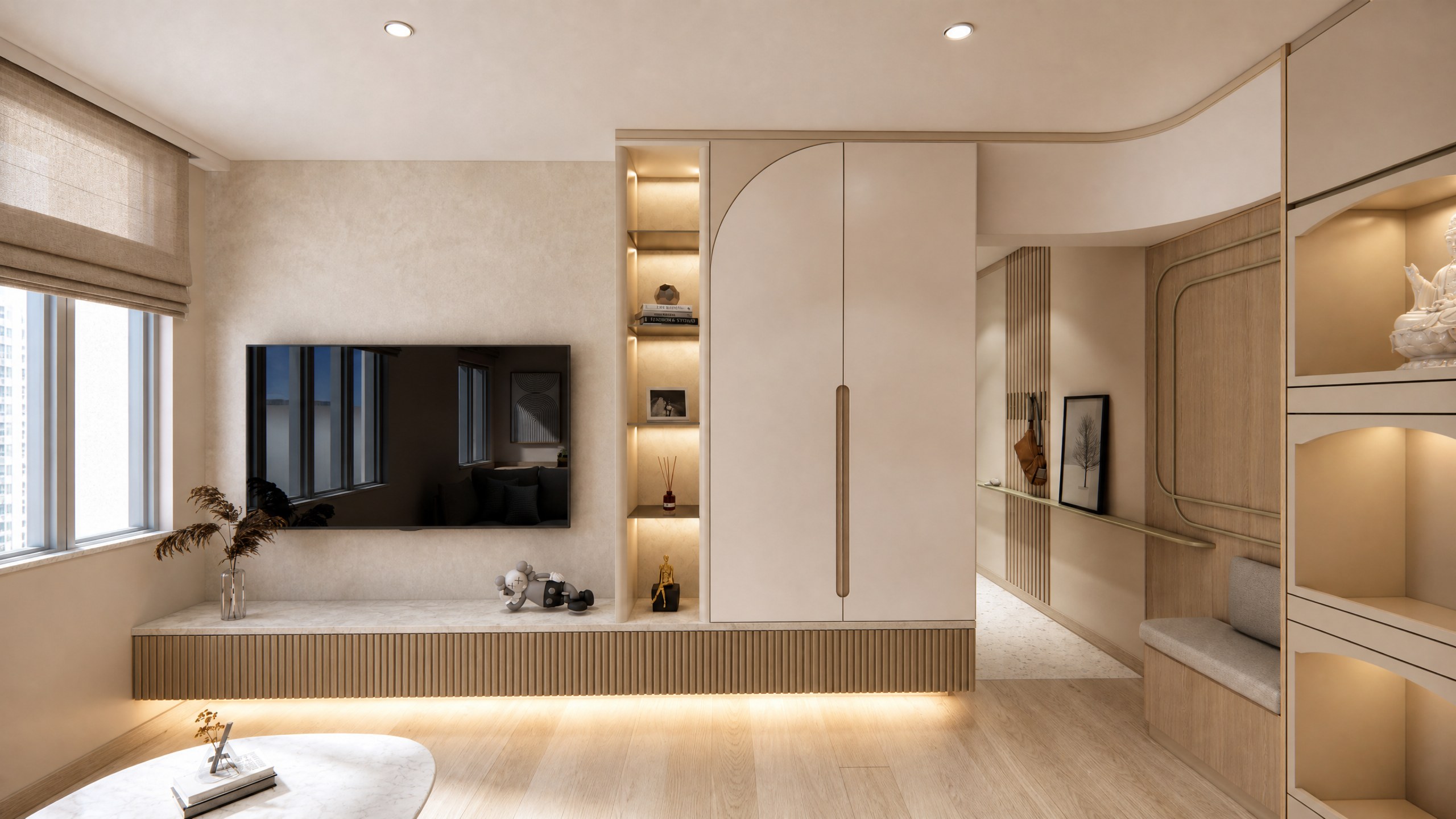 Yan Shing Court living room with warm white display cabinets and bespoke storage