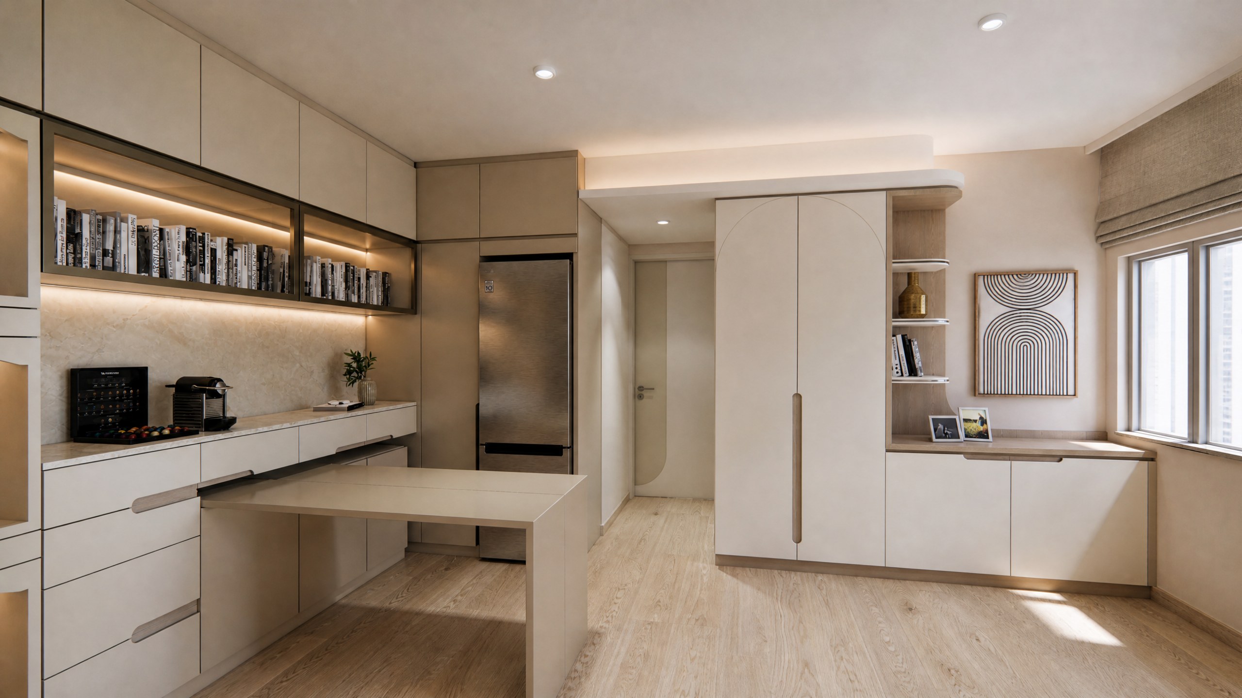 Yan Shing Court living and dining areas and open kitchen with bespoke storage and rounded cabinetry