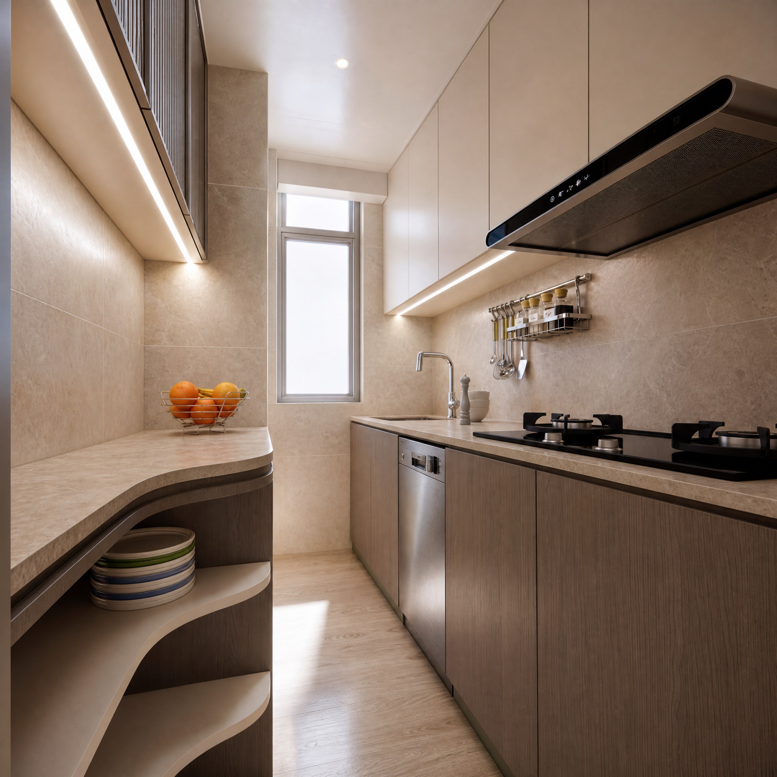 Yan Shing Court kitchen with a single-wall cabinet layout, curved shelves and a dark extractor hood