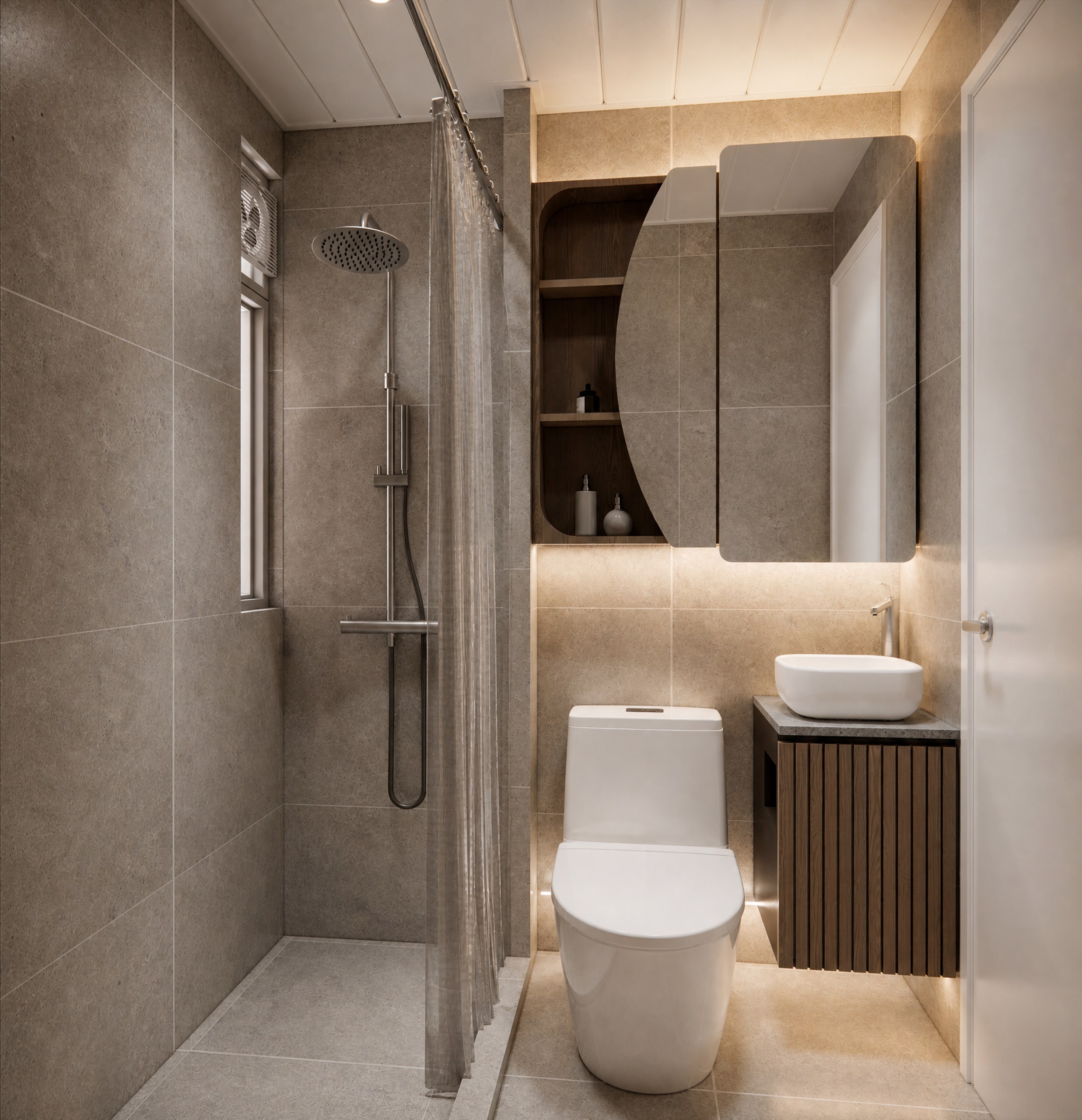 Yan Shing Court bathroom with grey wall tiles, a curved mirror cabinet and timber-effect vanity