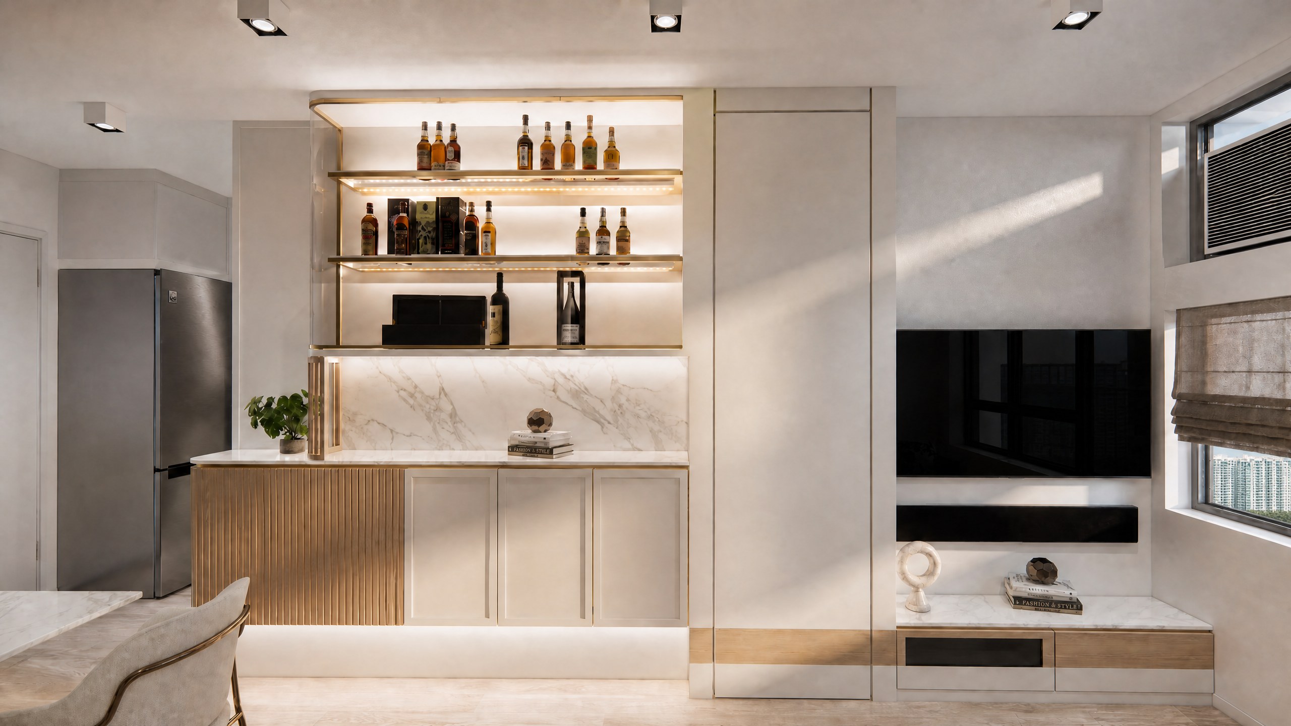 Yu Nga Court living room with a marble-pattern TV wall and display cabinets
