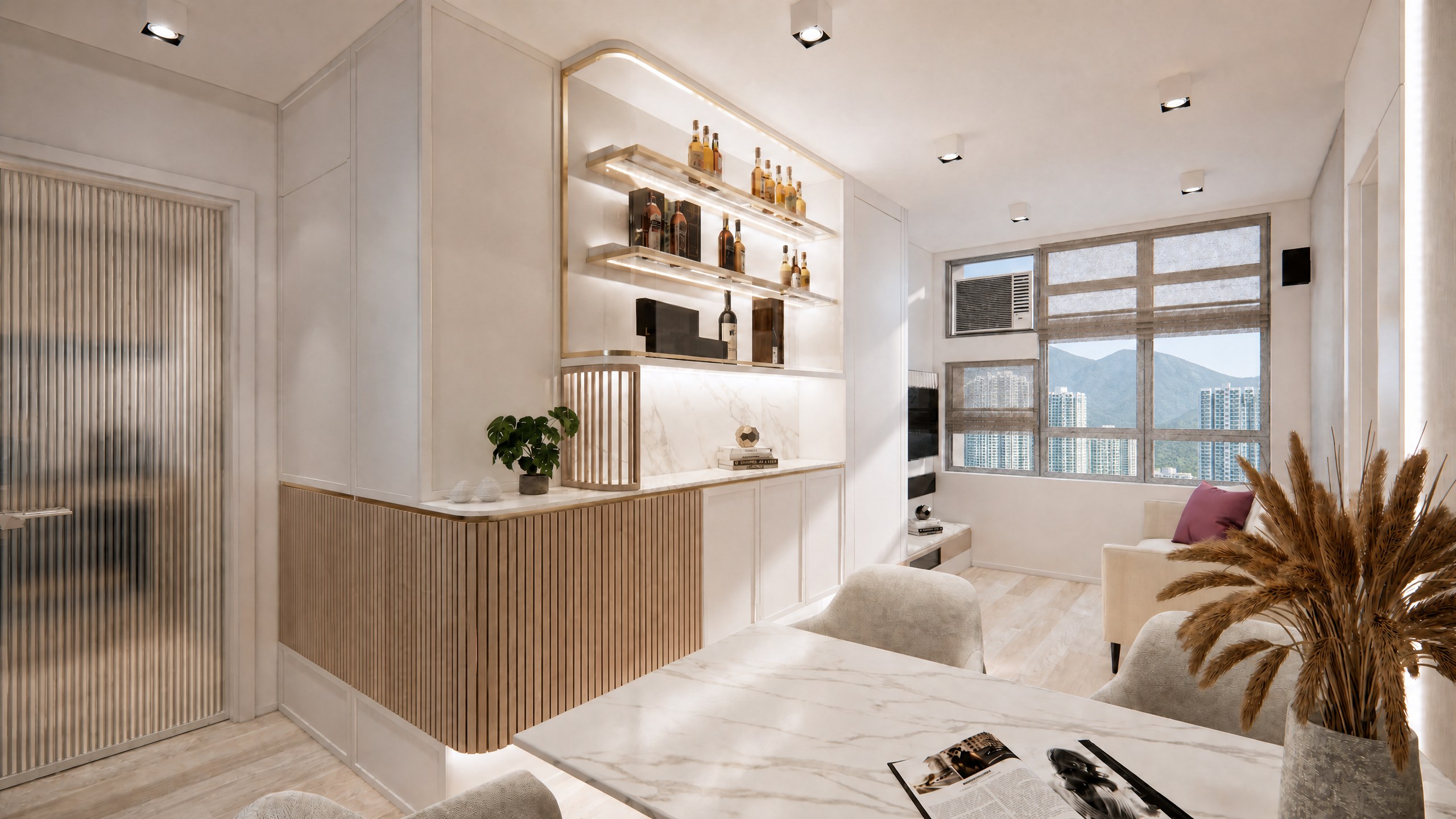 Yu Nga Court living and dining area with a bespoke sideboard, warm-lit shelves and translucent partition