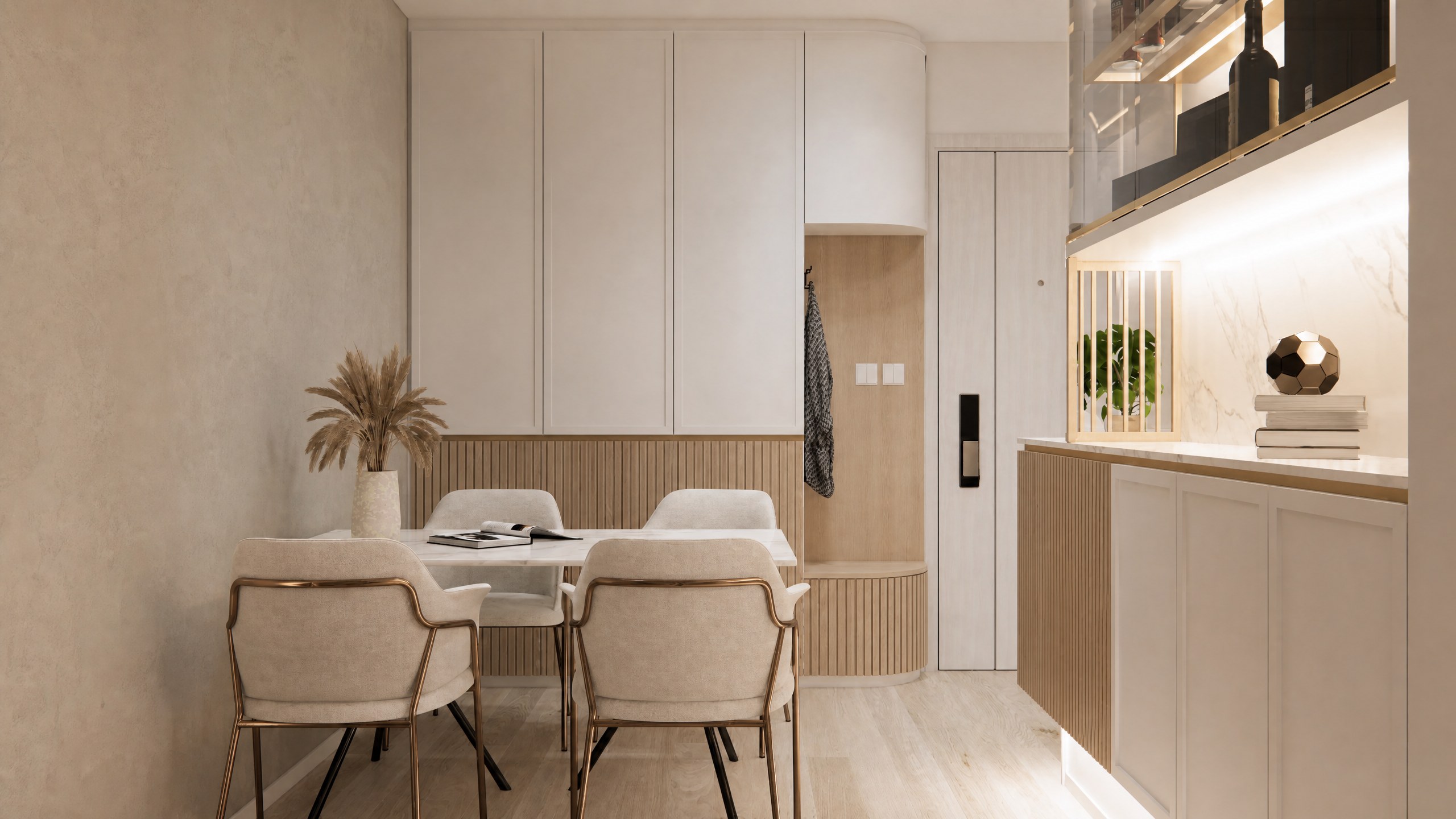Yu Nga Court dining area with a timber-slat half wall, pale dining table and display sideboard
