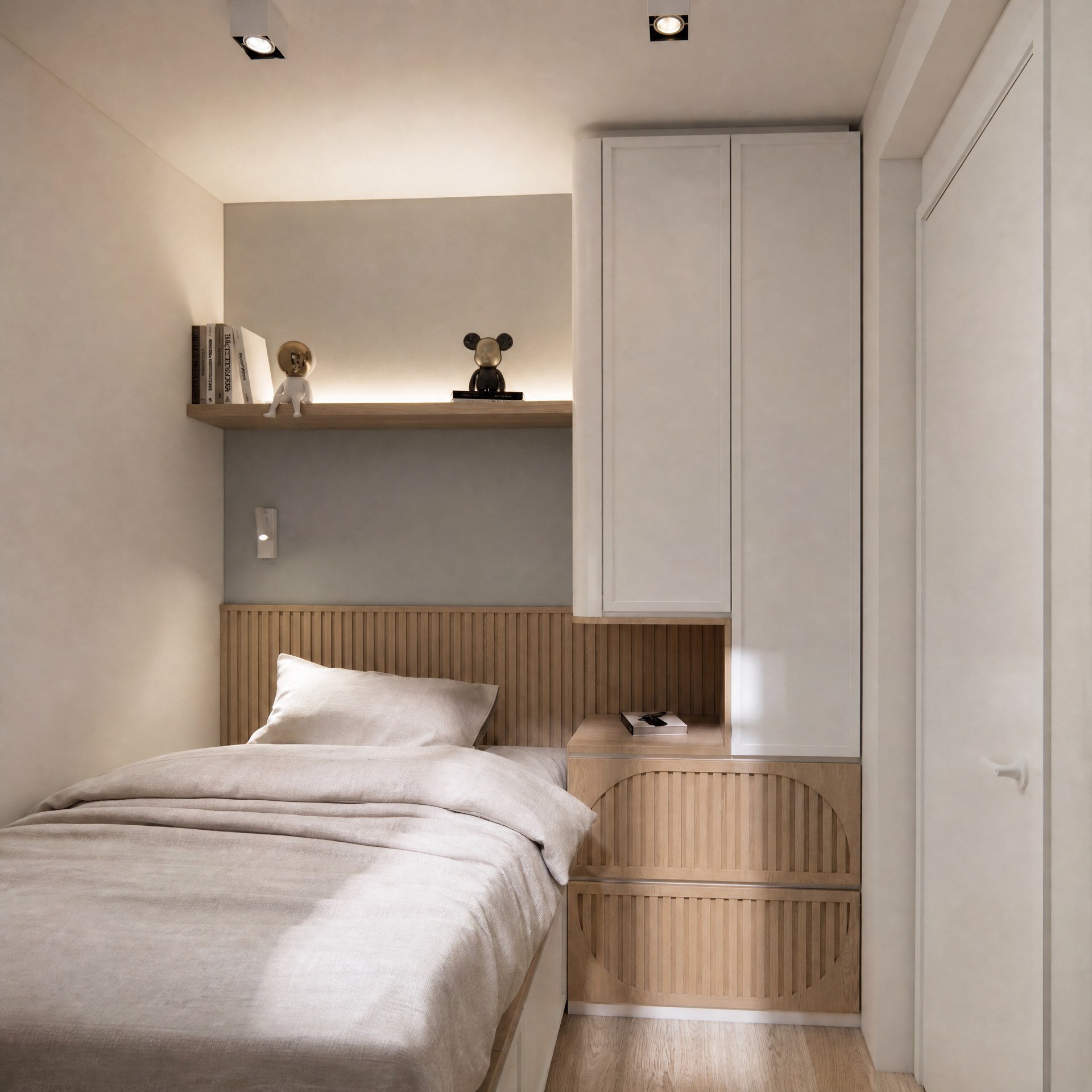 Yu Nga Court bedroom with a fluted timber headboard, shelves and tall white wardrobe