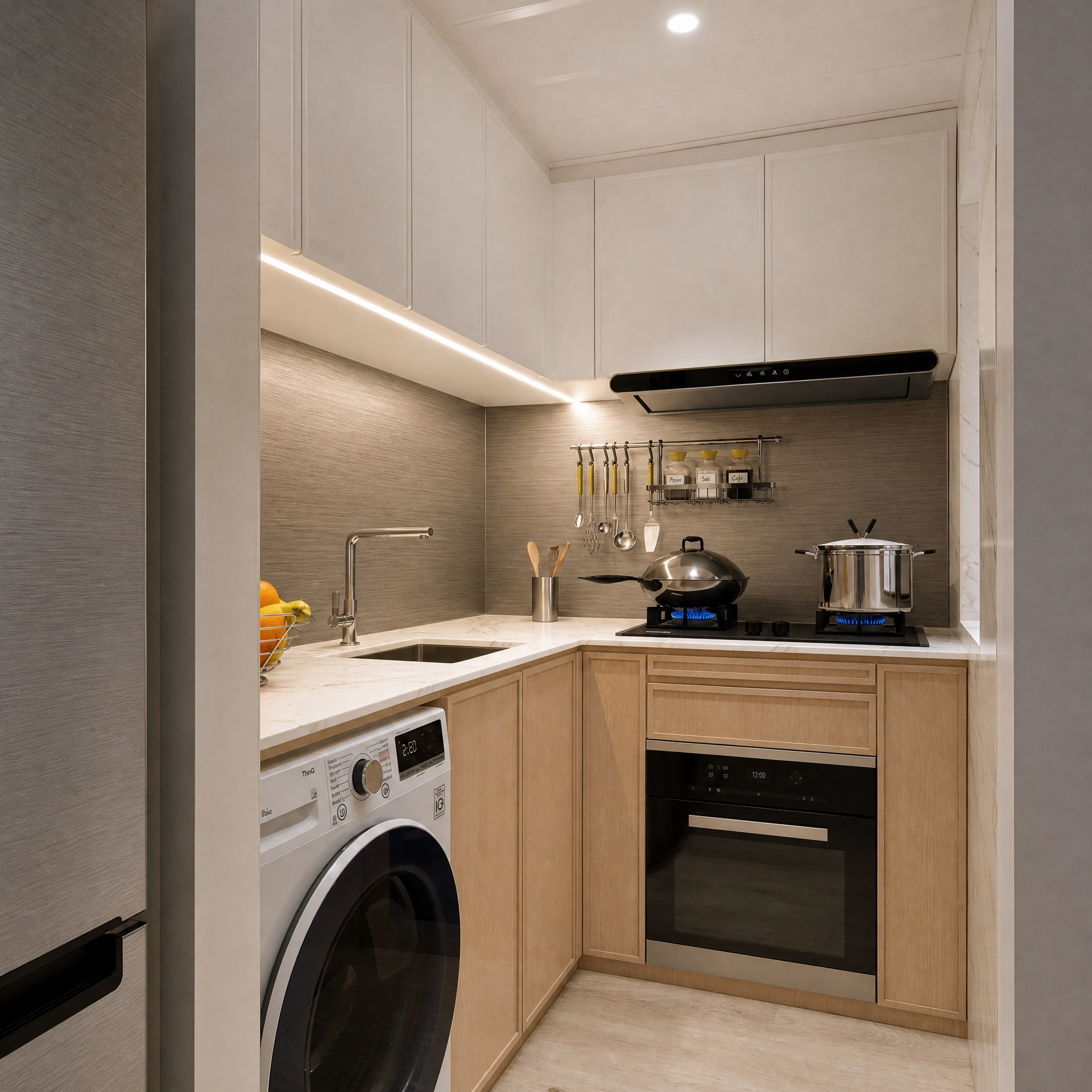 Yu Nga Court kitchen with timber-effect base cabinets, under-cabinet lighting and an integrated washing machine