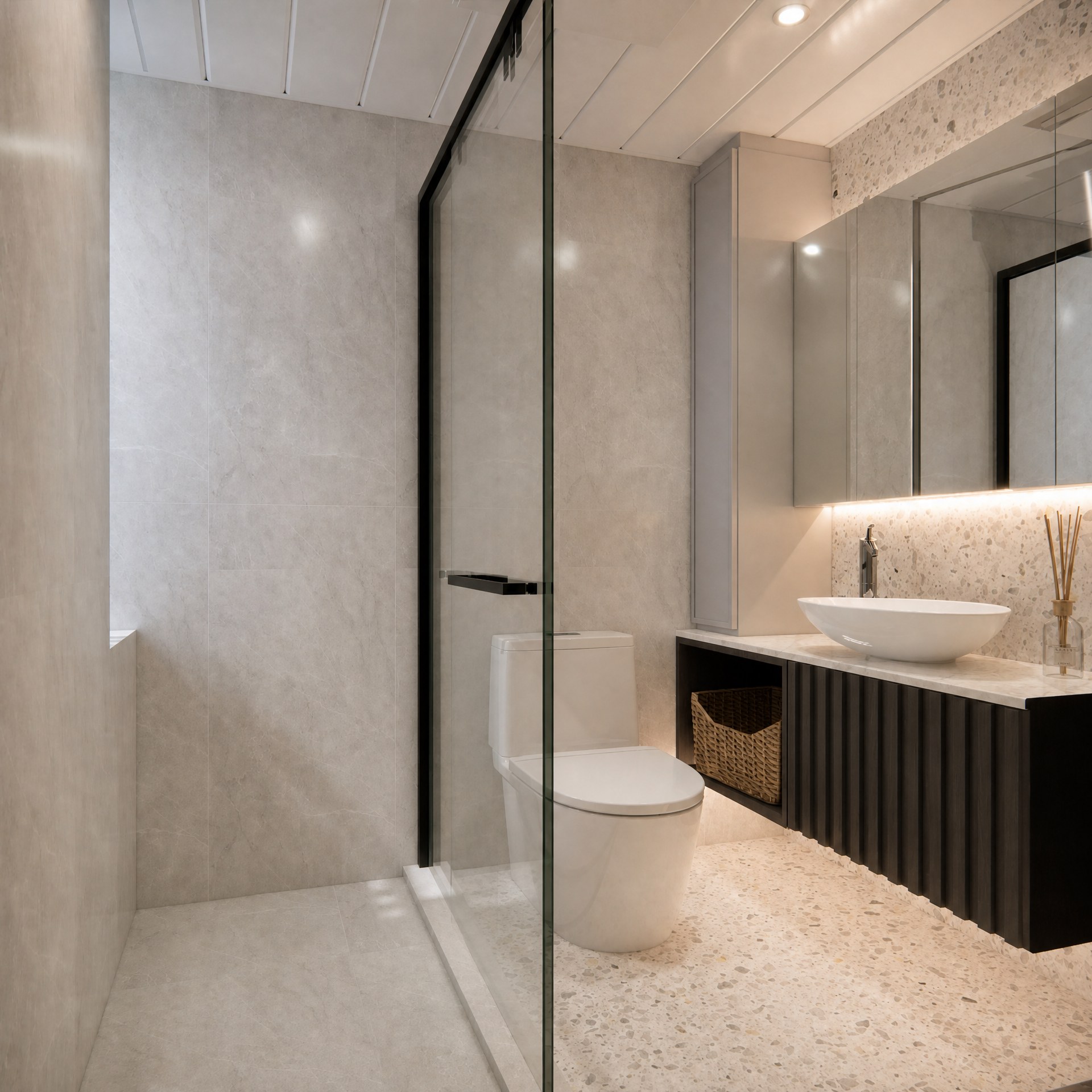 Yu Nga Court bathroom with a glass shower enclosure, black fluted vanity and countertop basin